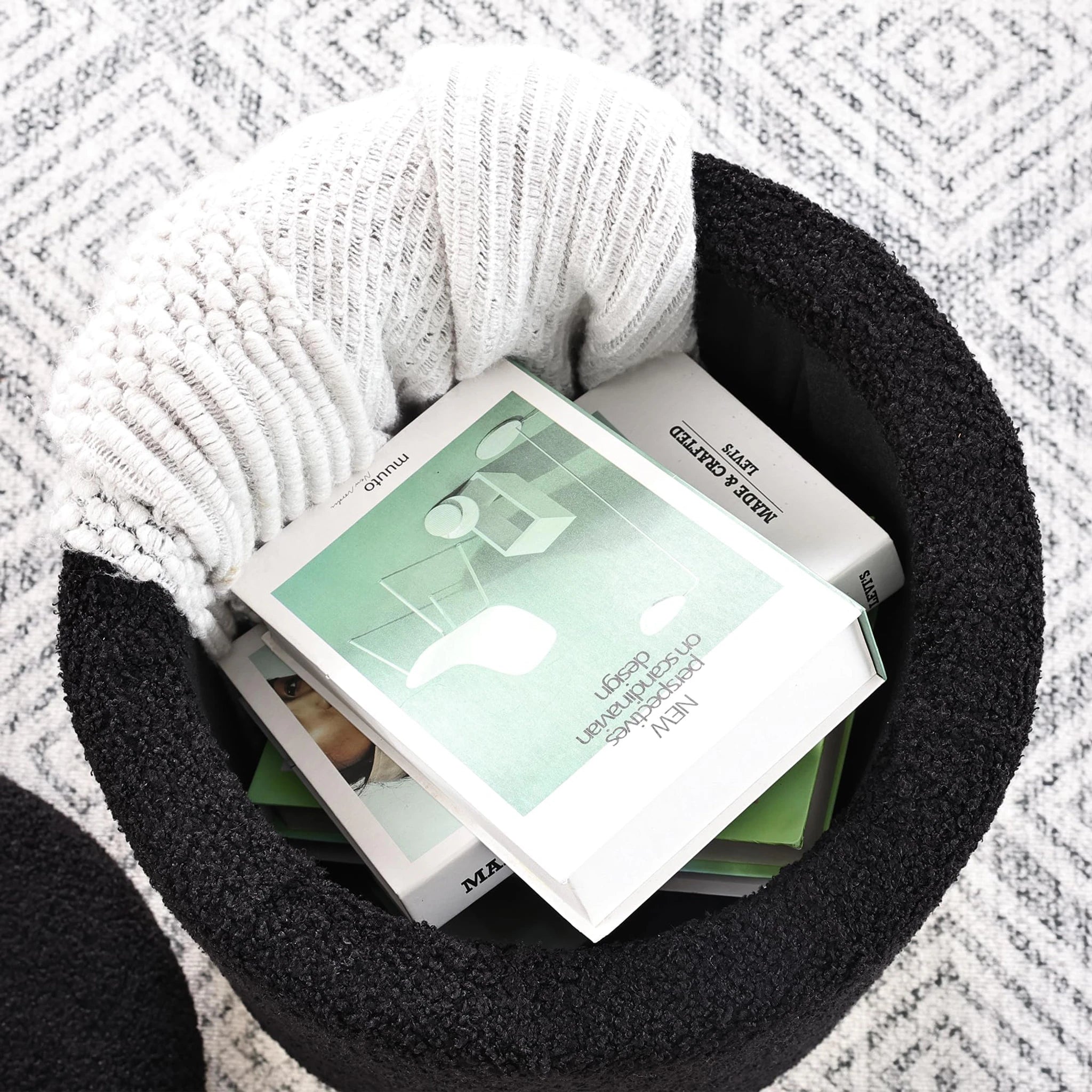 Joveco Black Boucle Round Storage Ottoman – detail and materials view
