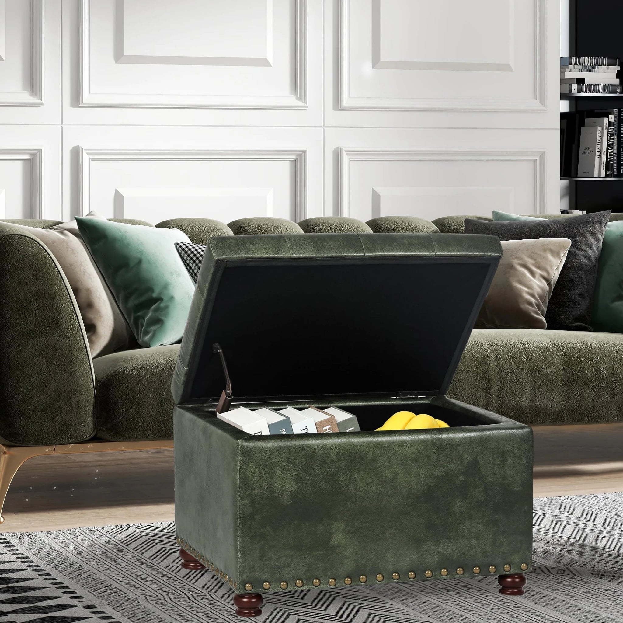 Joveco Black Green Fabric Storage Ottoman – lifestyle room view