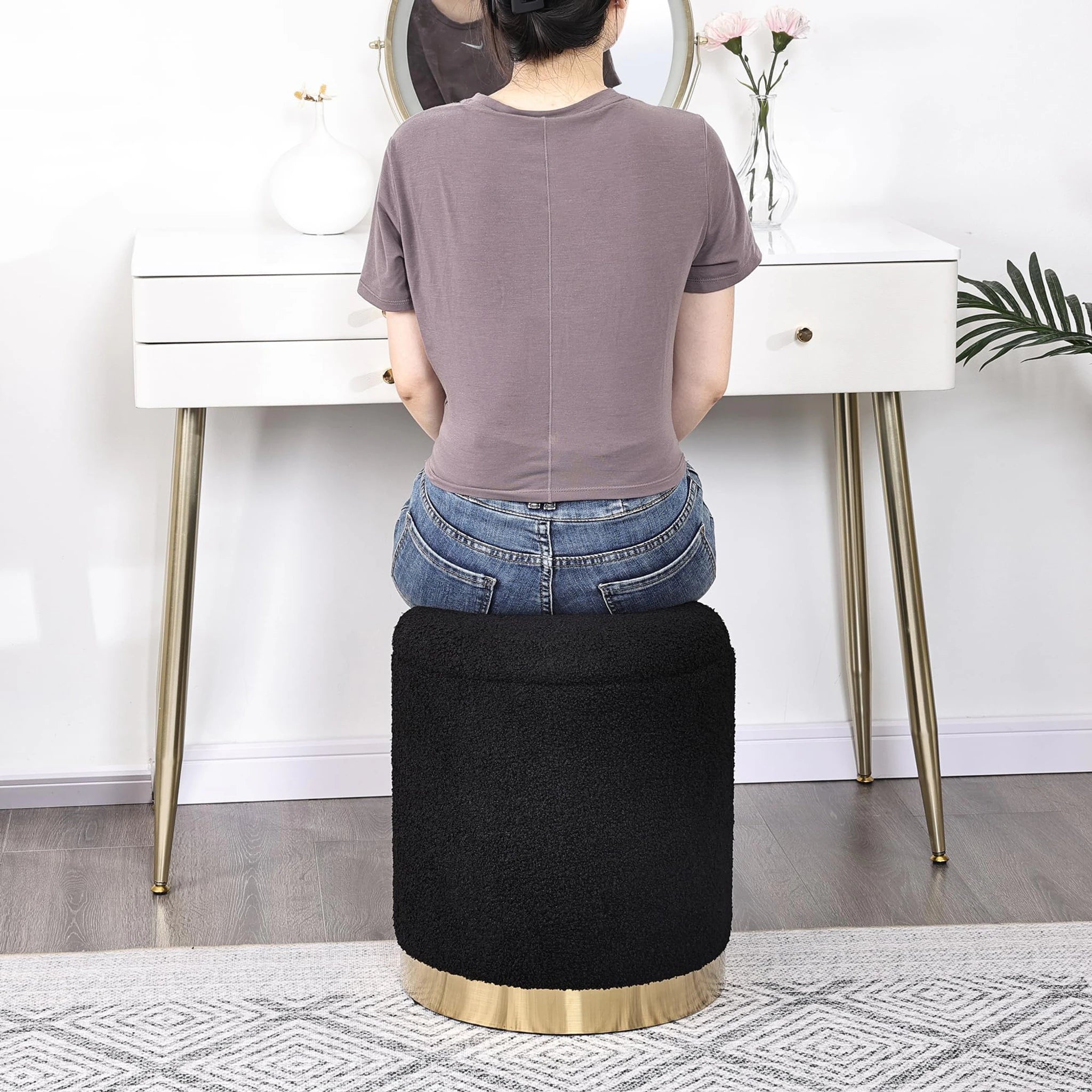 Joveco Black Metro Round Boucle Storage Ottoman – detail and materials view