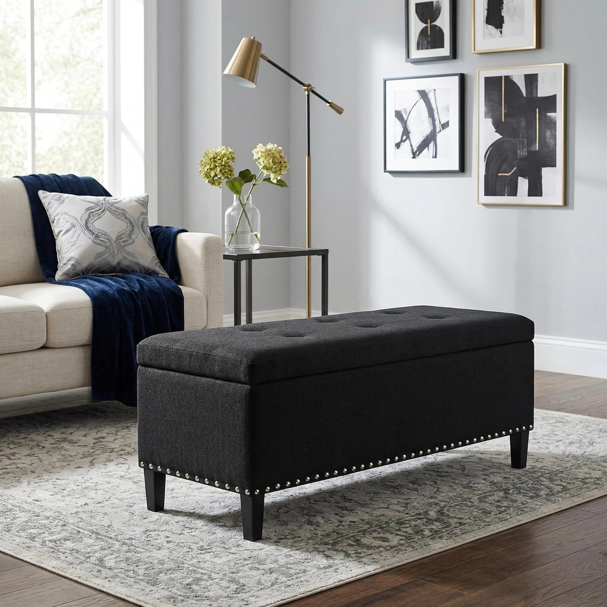 Joveco Black Tufted Linen Storage Ottoman – styled home scene