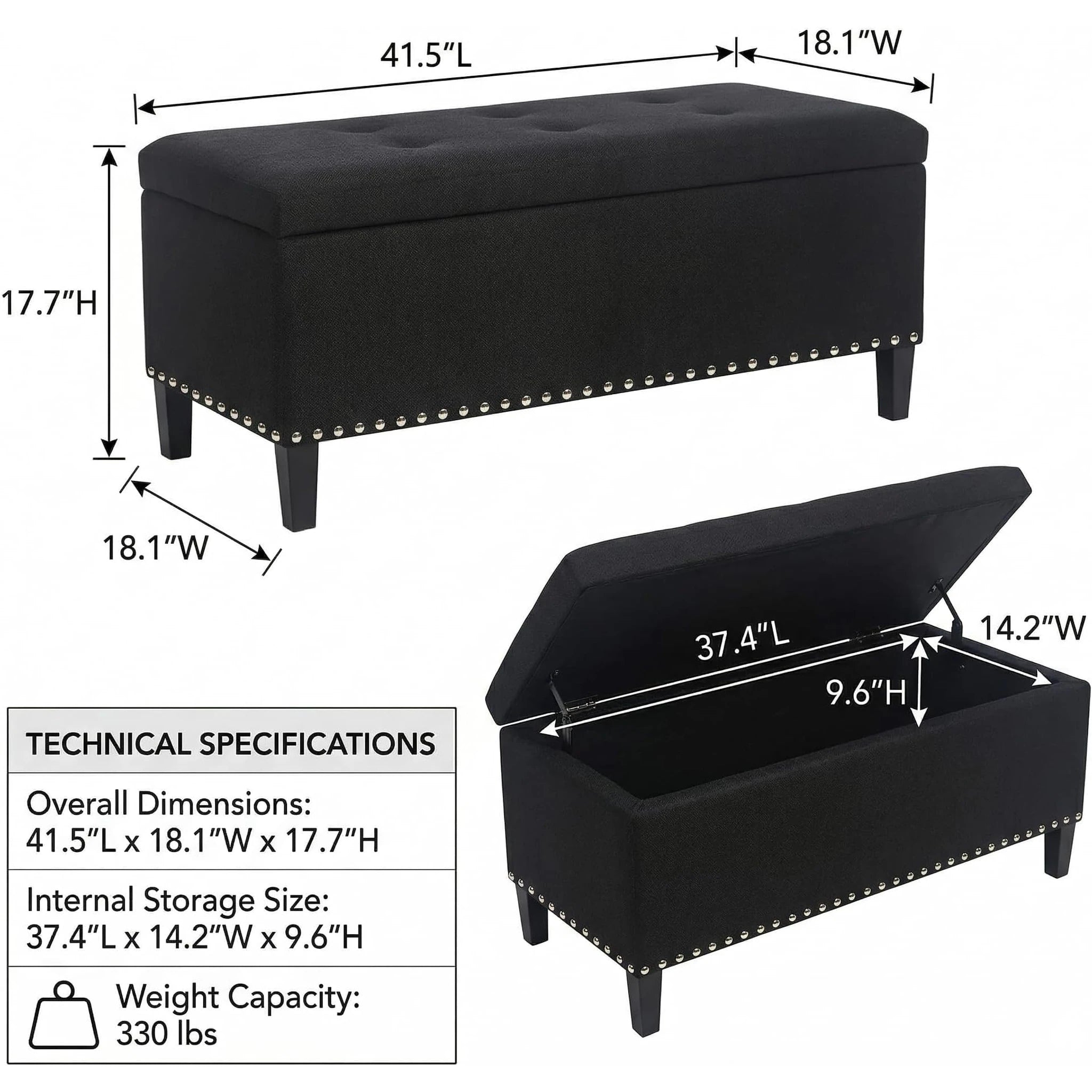 Joveco Black Tufted Linen Storage Ottoman – dimensions chart