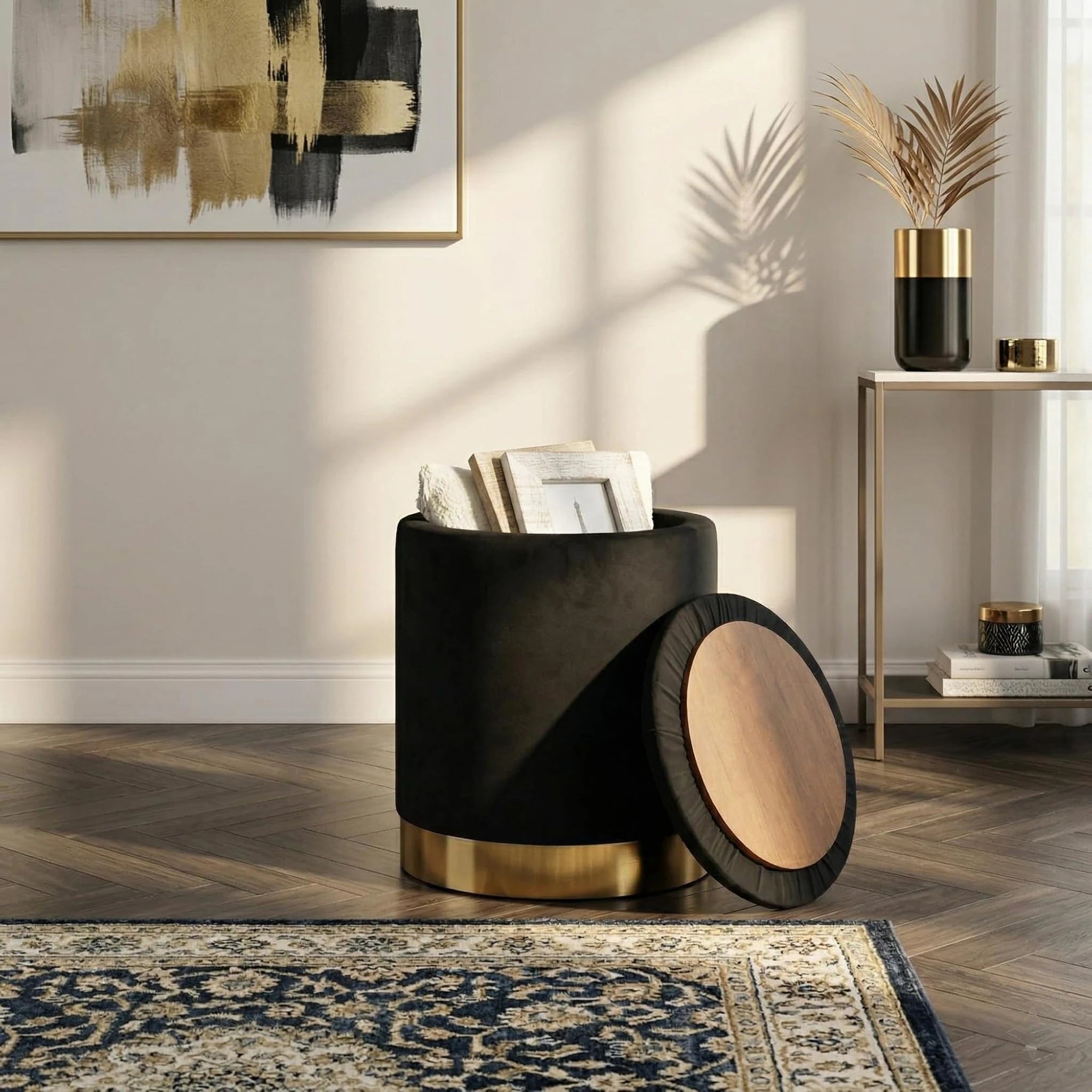 Joveco Black Velvet Round Storage Ottoman – styled home scene