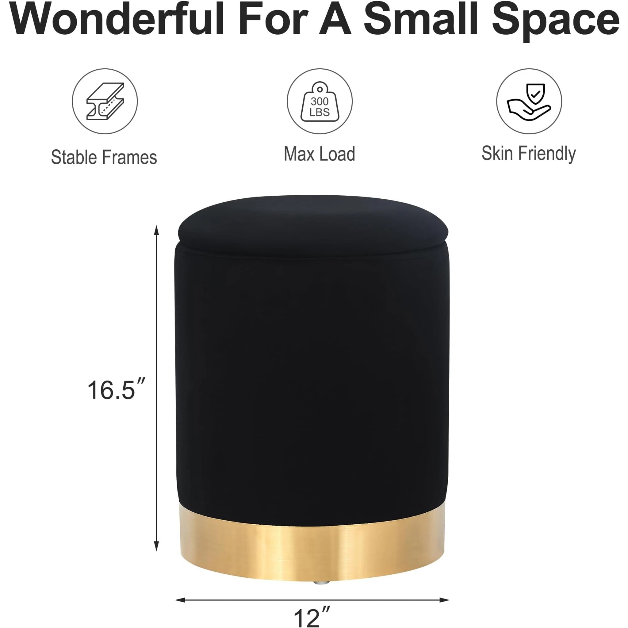 Joveco Black Velvet Round Storage Ottoman – dimensions chart