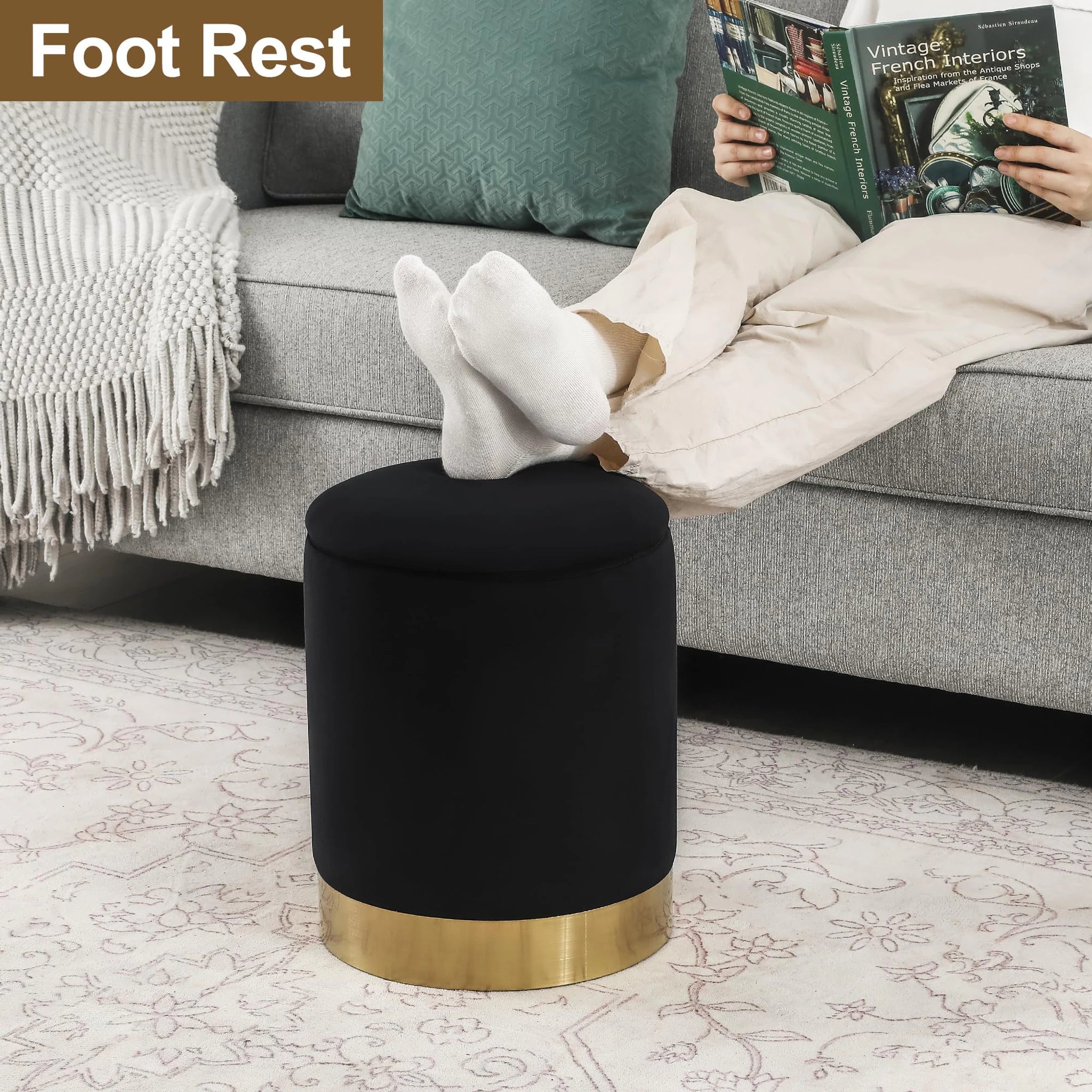Joveco Black Velvet Round Storage Ottoman – detail and materials view