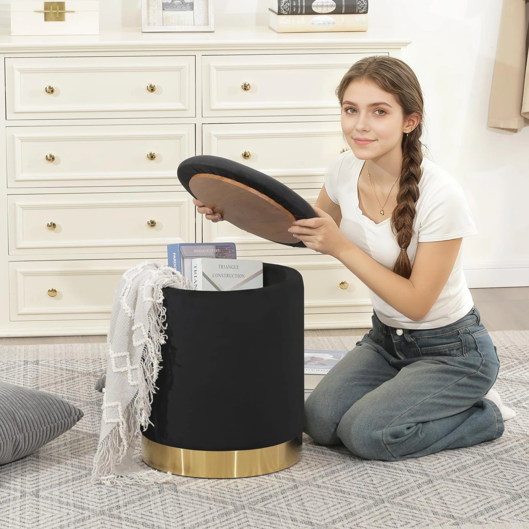 Joveco Black Velvet Round Storage Ottoman – detail and materials view