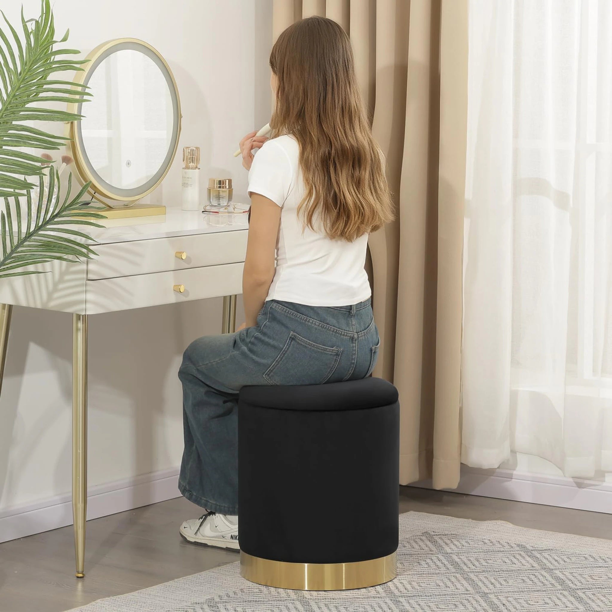 Joveco Black Velvet Round Storage Ottoman – lifestyle room view