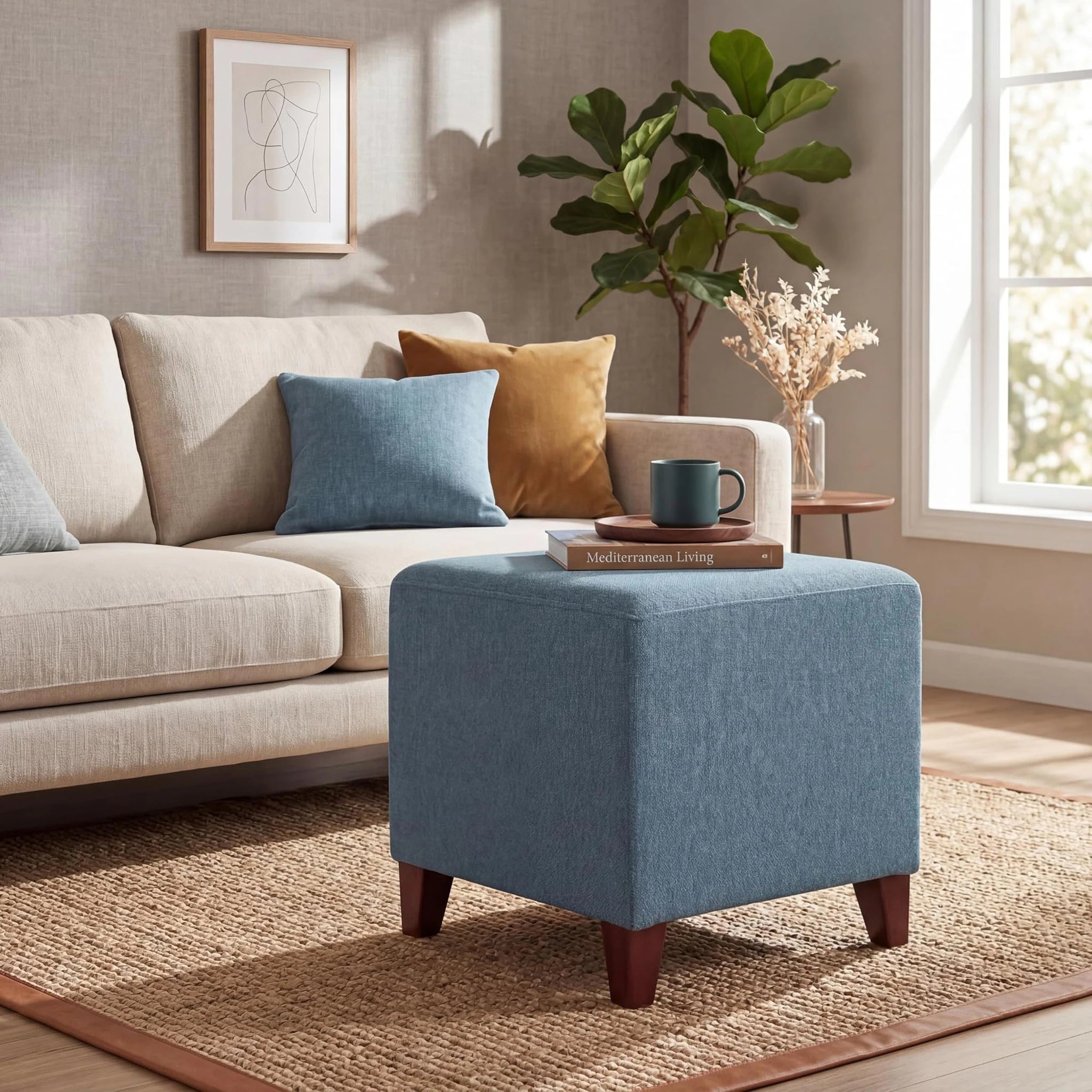 Joveco Blue Fabric Square Footrest Stool – styled home scene