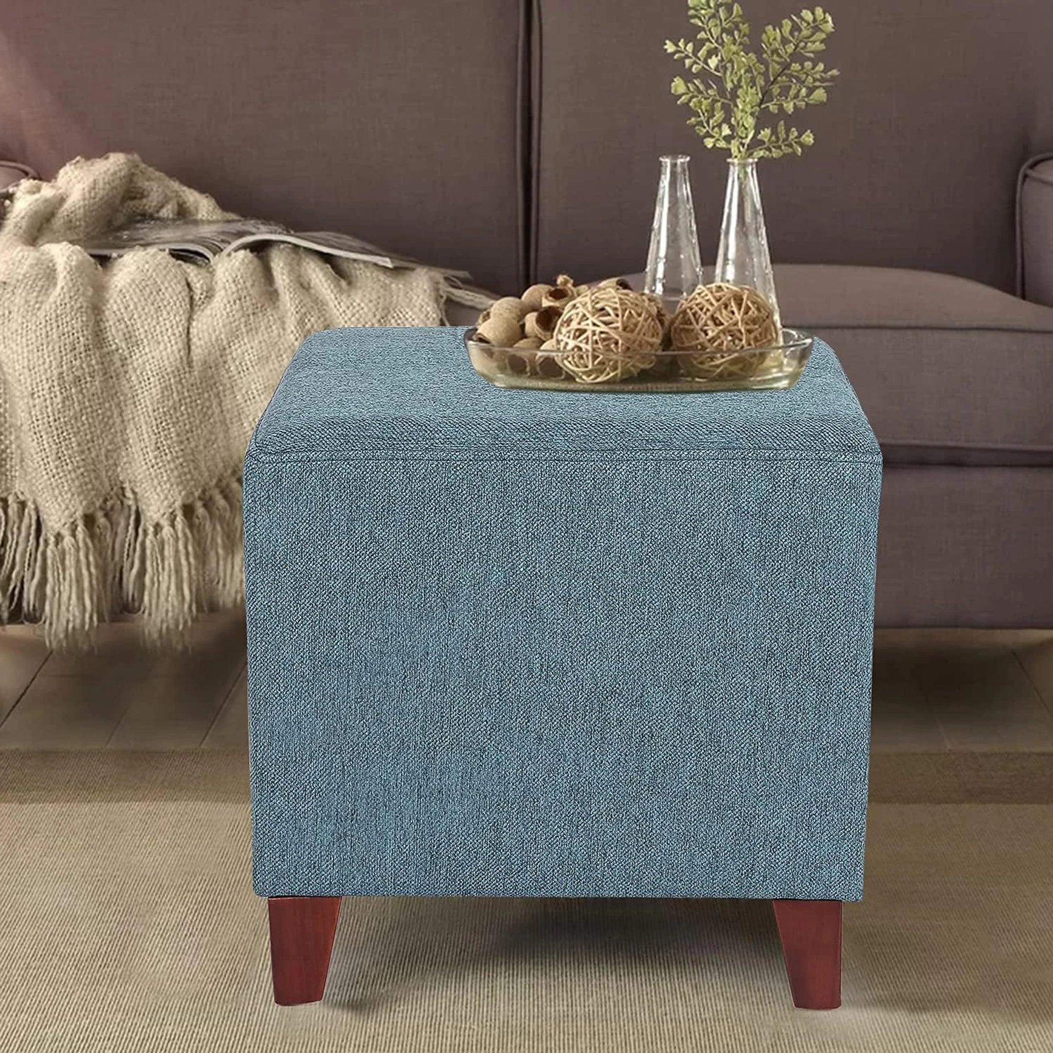 Joveco Blue Fabric Square Footrest Stool – lifestyle room view