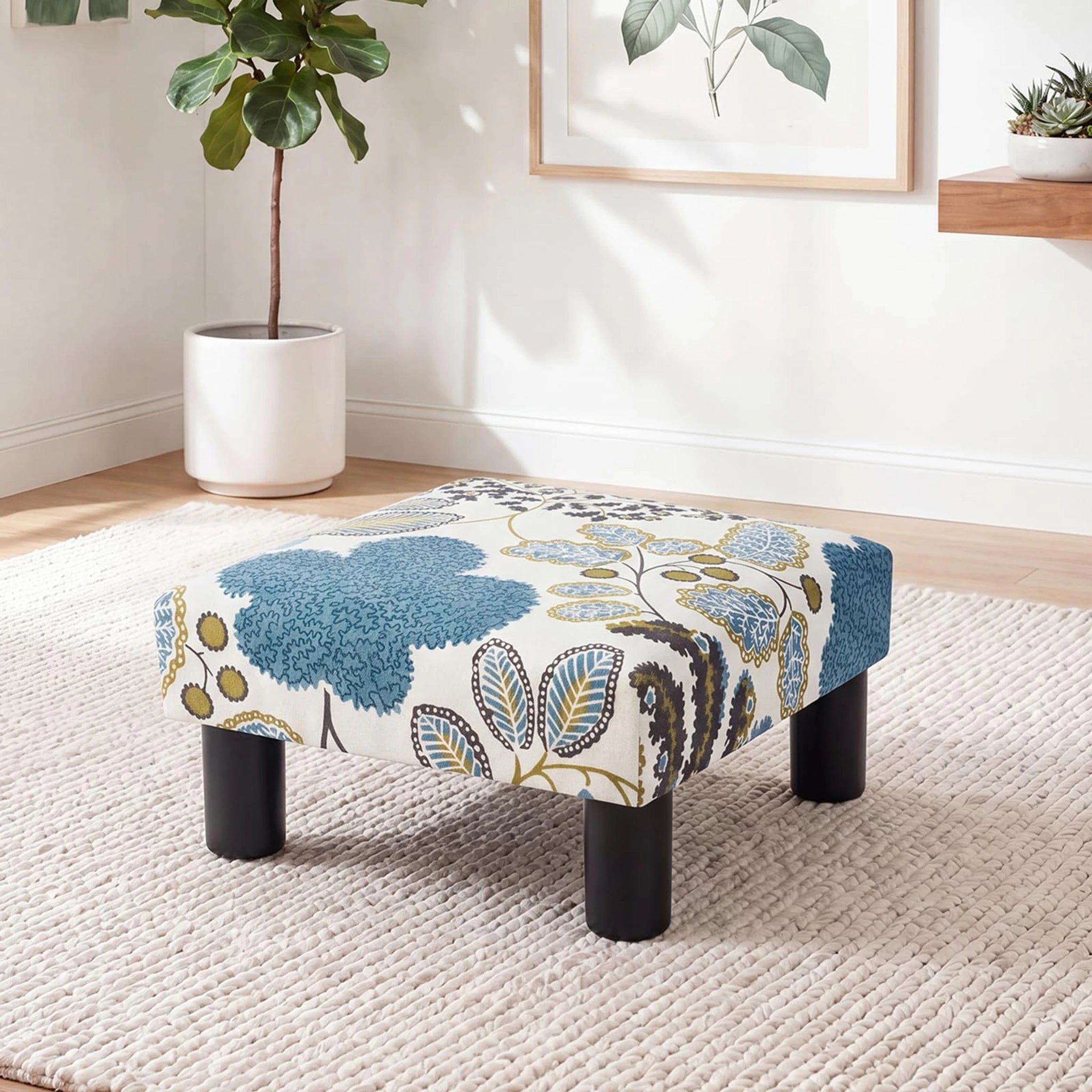 Joveco Blue Floral Fabric Footrest Stool – styled home scene