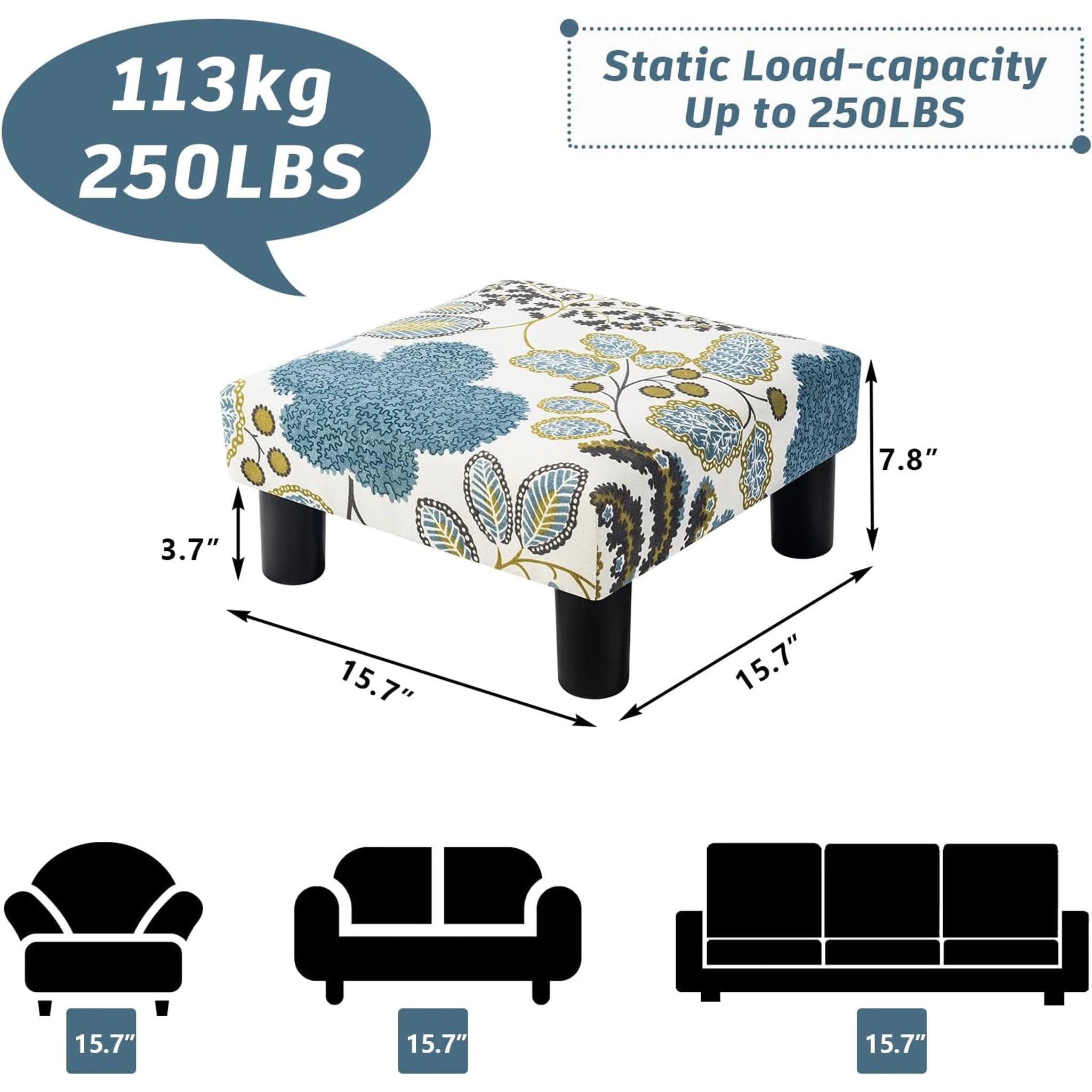 Joveco Blue Floral Fabric Footrest Stool – dimensions chart