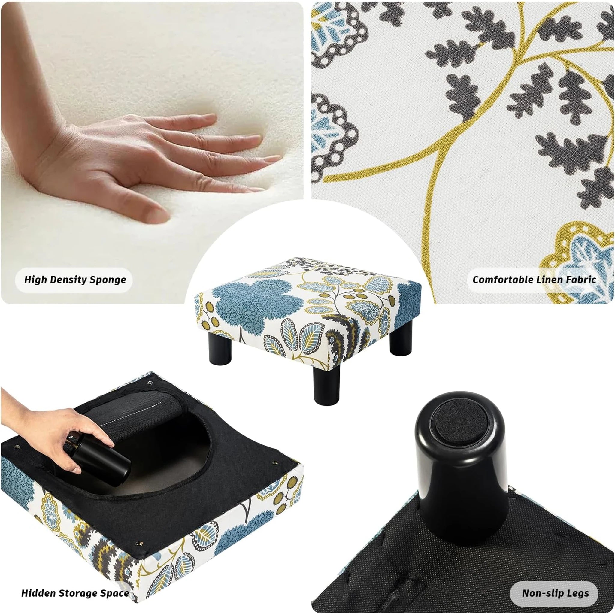 Joveco Blue Floral Fabric Footrest Stool – detail and materials view
