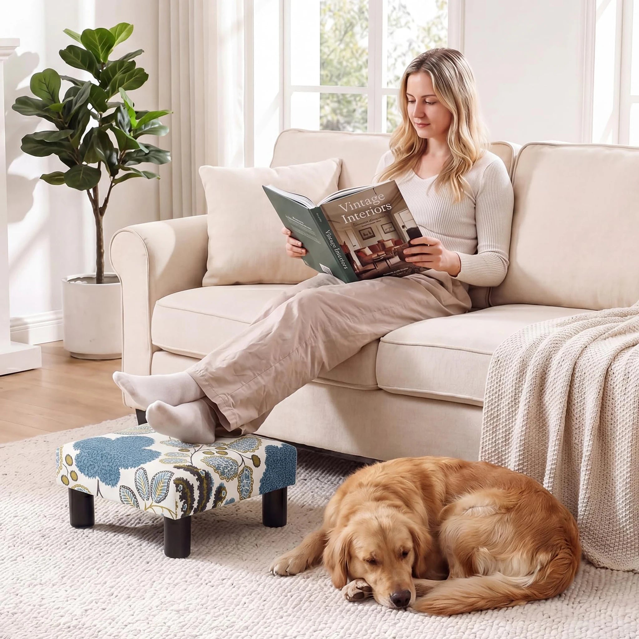 Joveco Blue Floral Fabric Footrest Stool – lifestyle room view