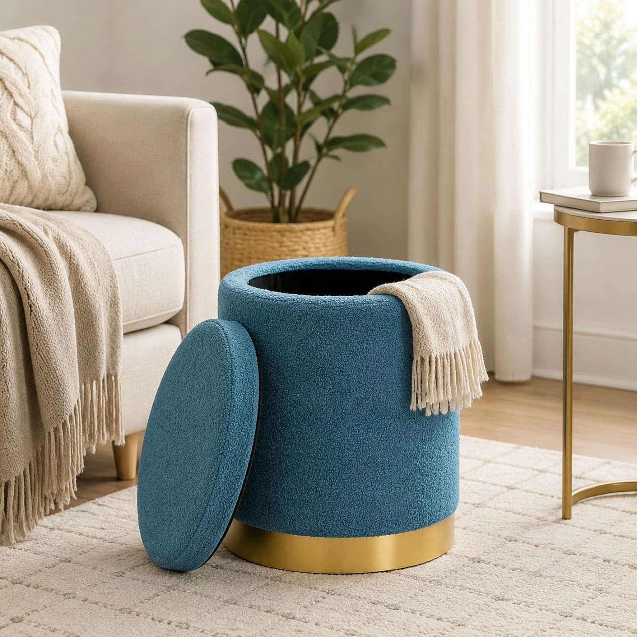 Joveco Blue Metro Round Velvet Storage Ottoman – styled home scene