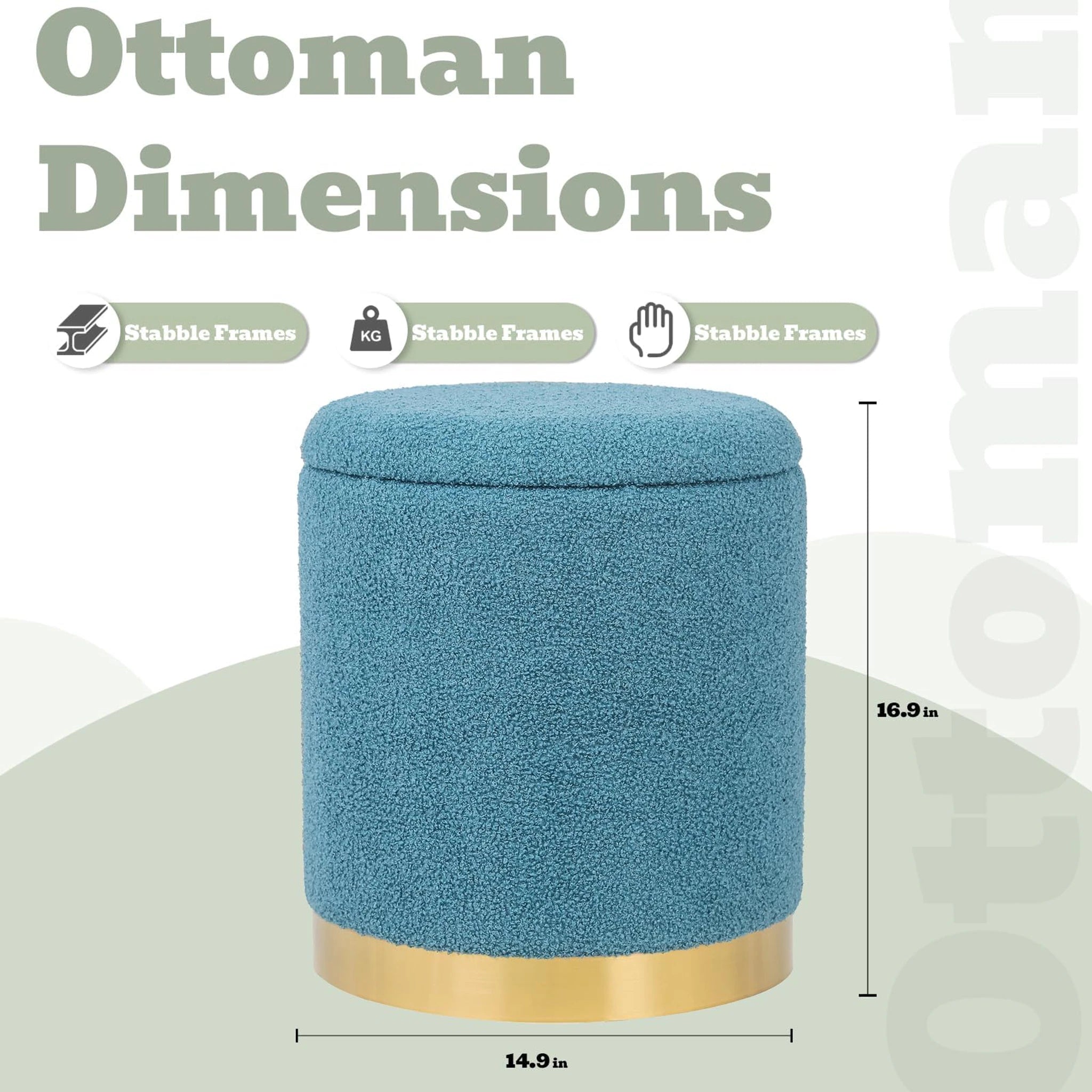 Joveco Blue Metro Round Velvet Storage Ottoman – dimensions chart