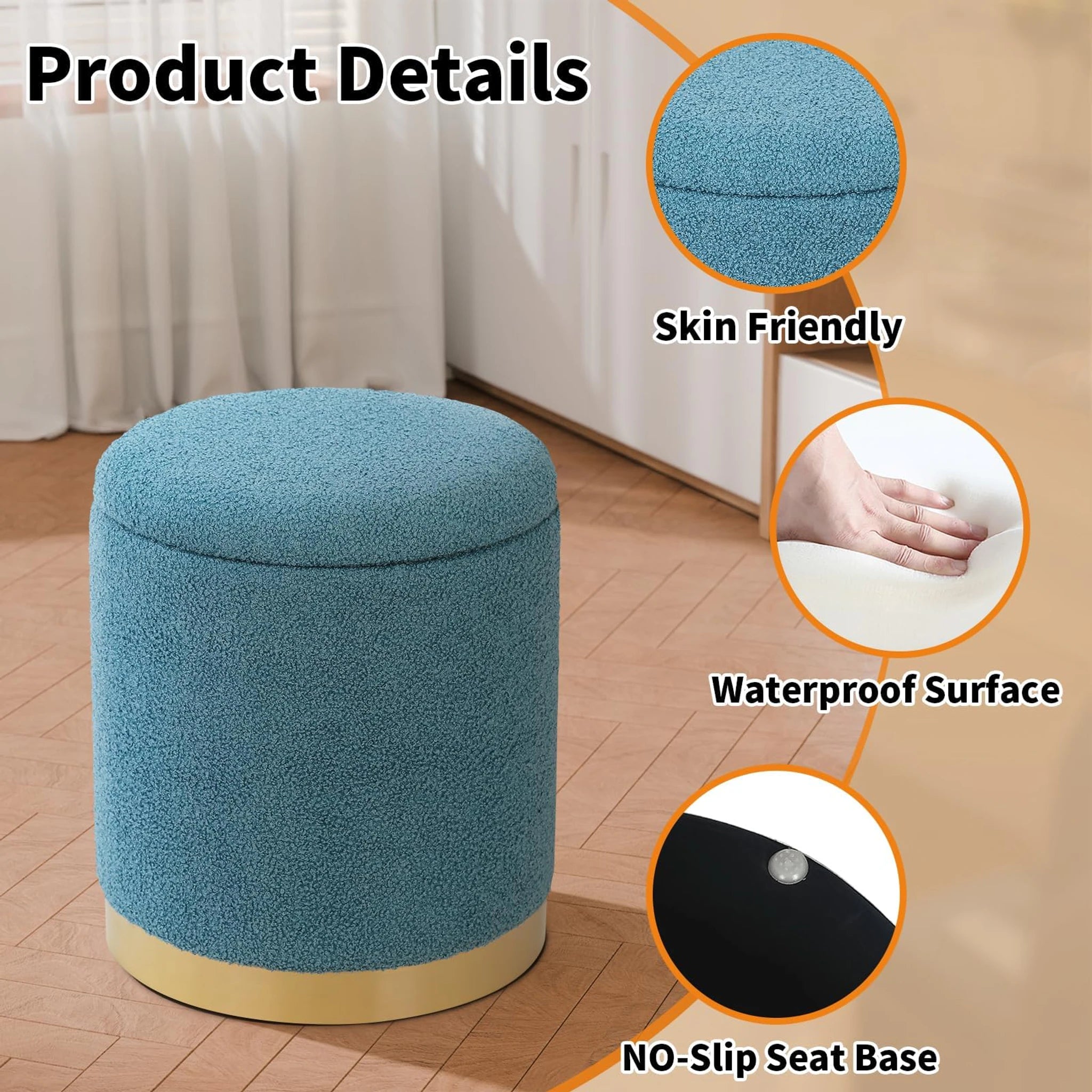 Joveco Blue Metro Round Velvet Storage Ottoman – detail and materials view