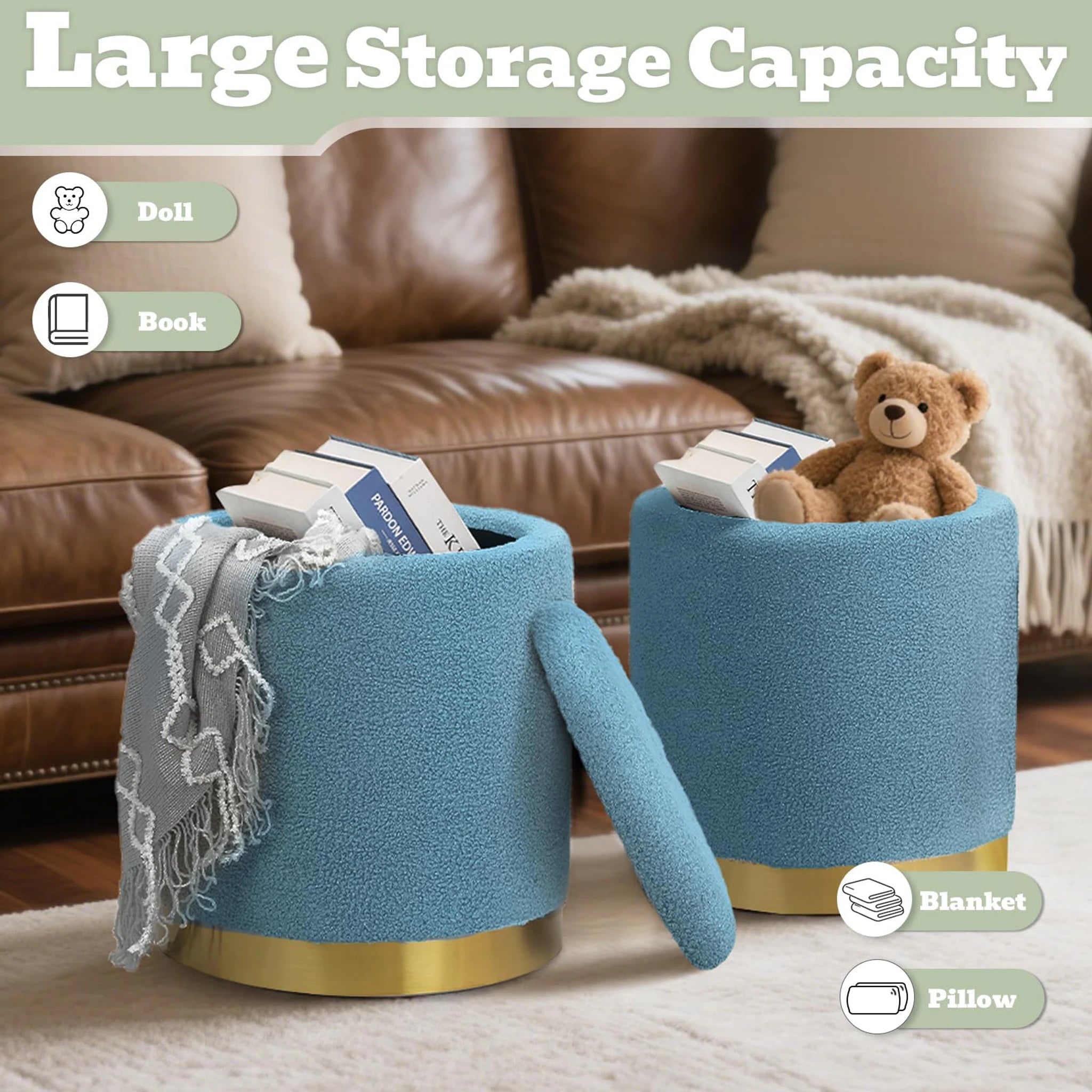 Joveco Blue Metro Round Velvet Storage Ottoman – lifestyle room view