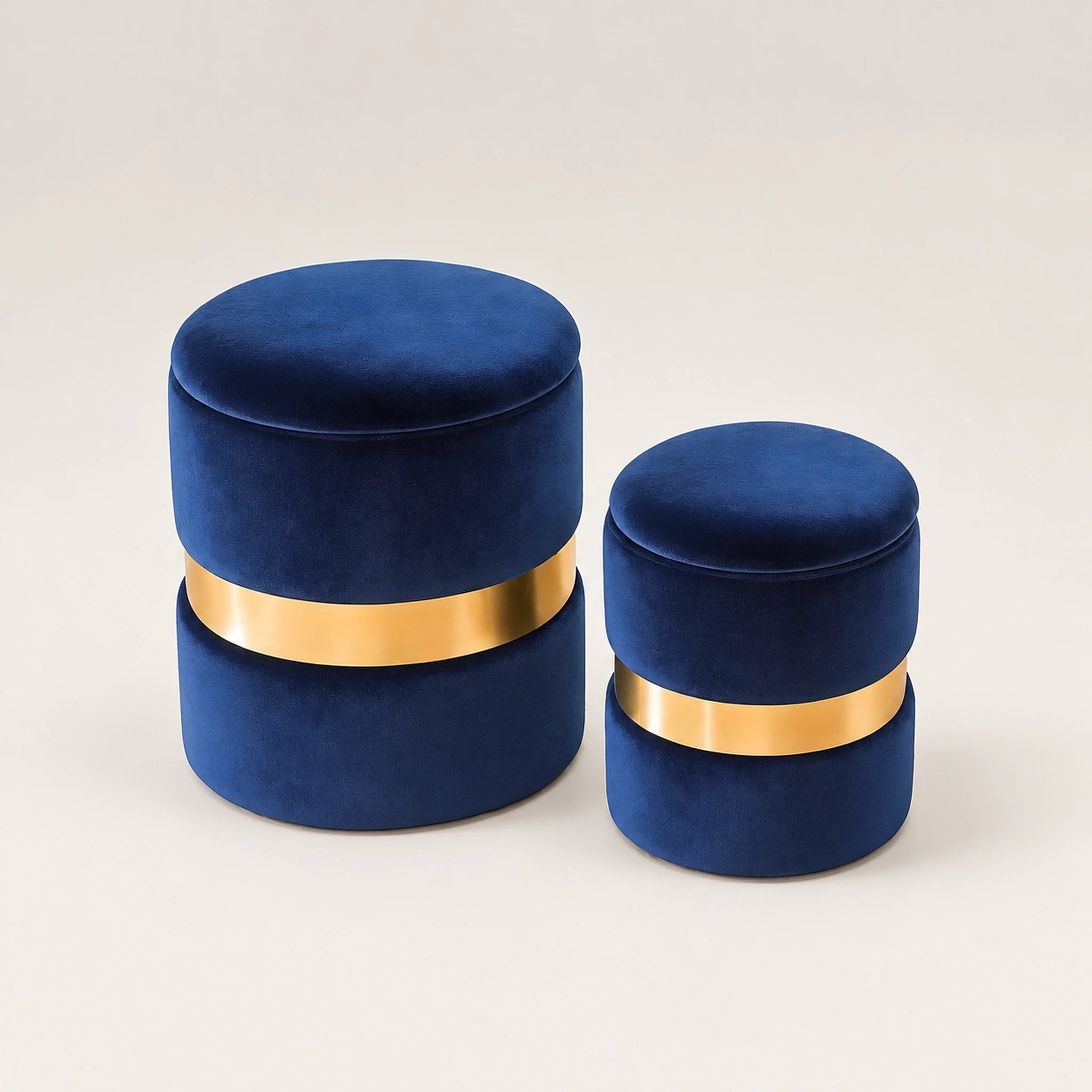 Beringia Blue velvet 14.5-inch storage ottoman – warm studio front view