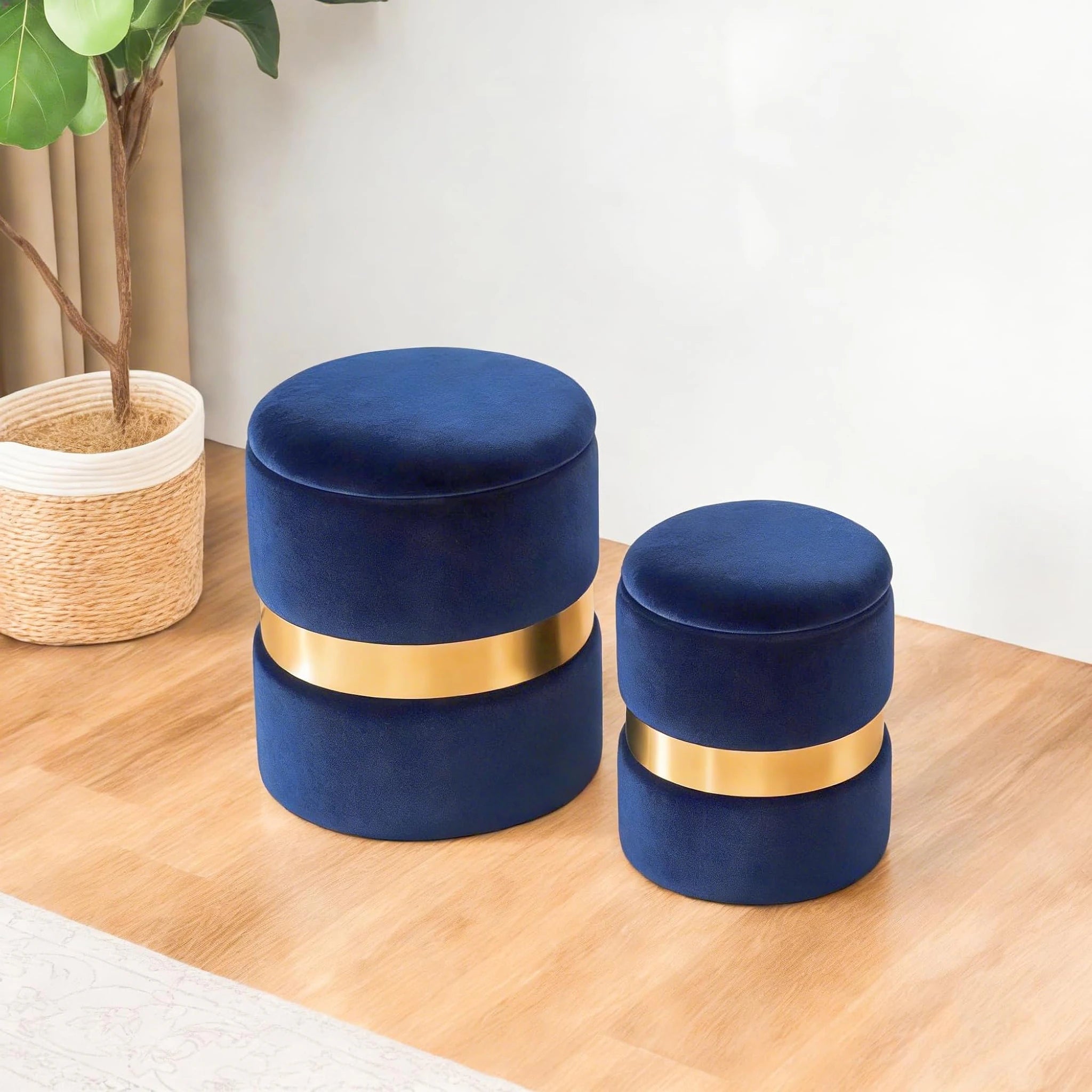 Joveco Blue Velvet Round Storage Ottoman – styled home scene