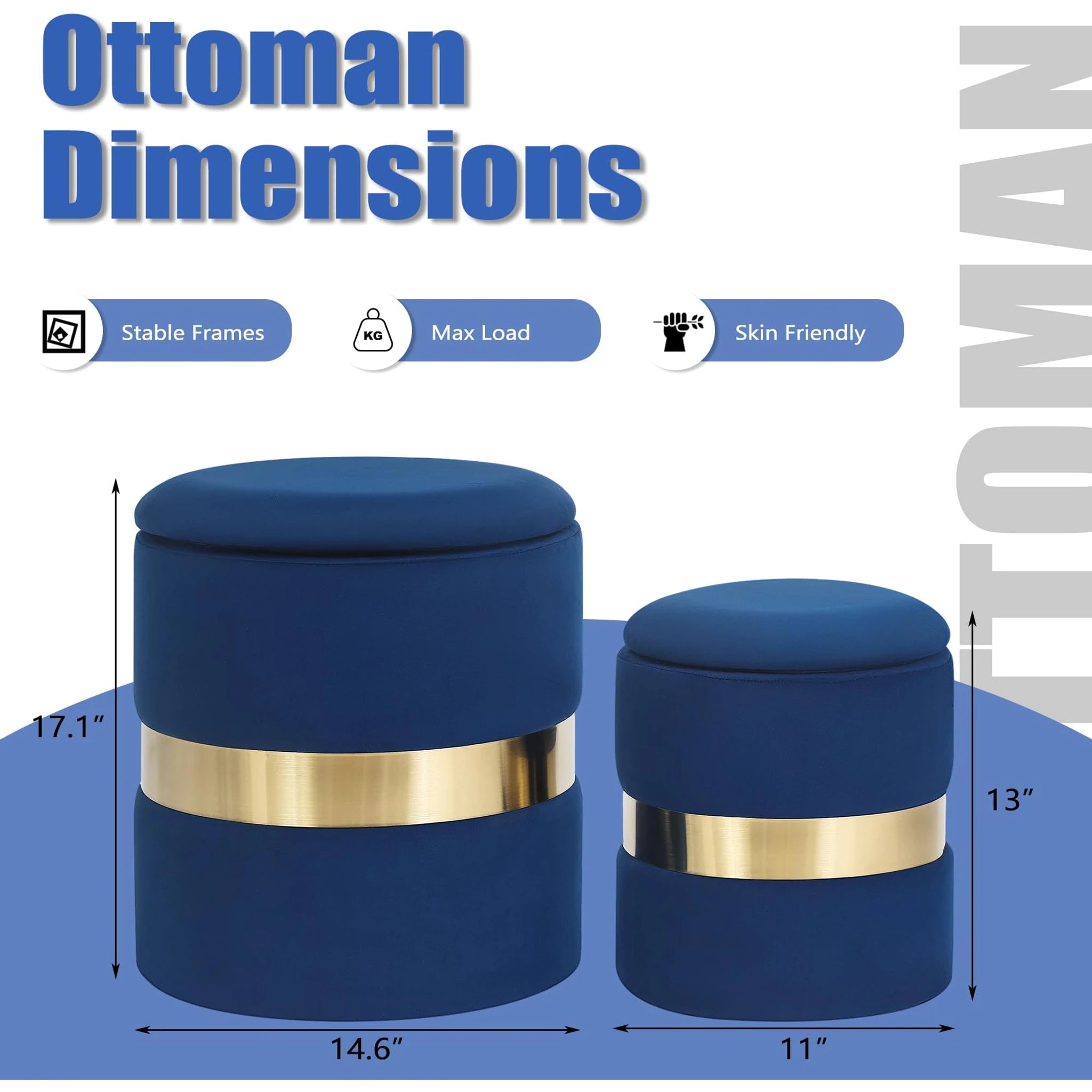 Joveco Blue Velvet Round Storage Ottoman – dimensions chart