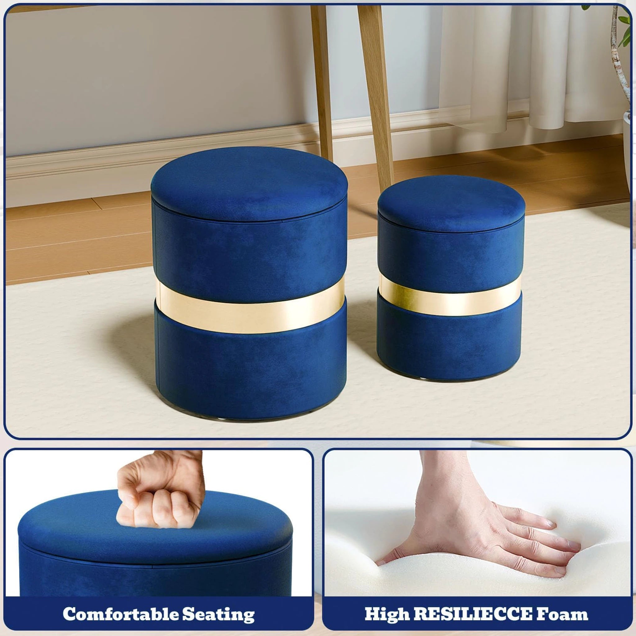 Joveco Blue Velvet Round Storage Ottoman – detail and materials view
