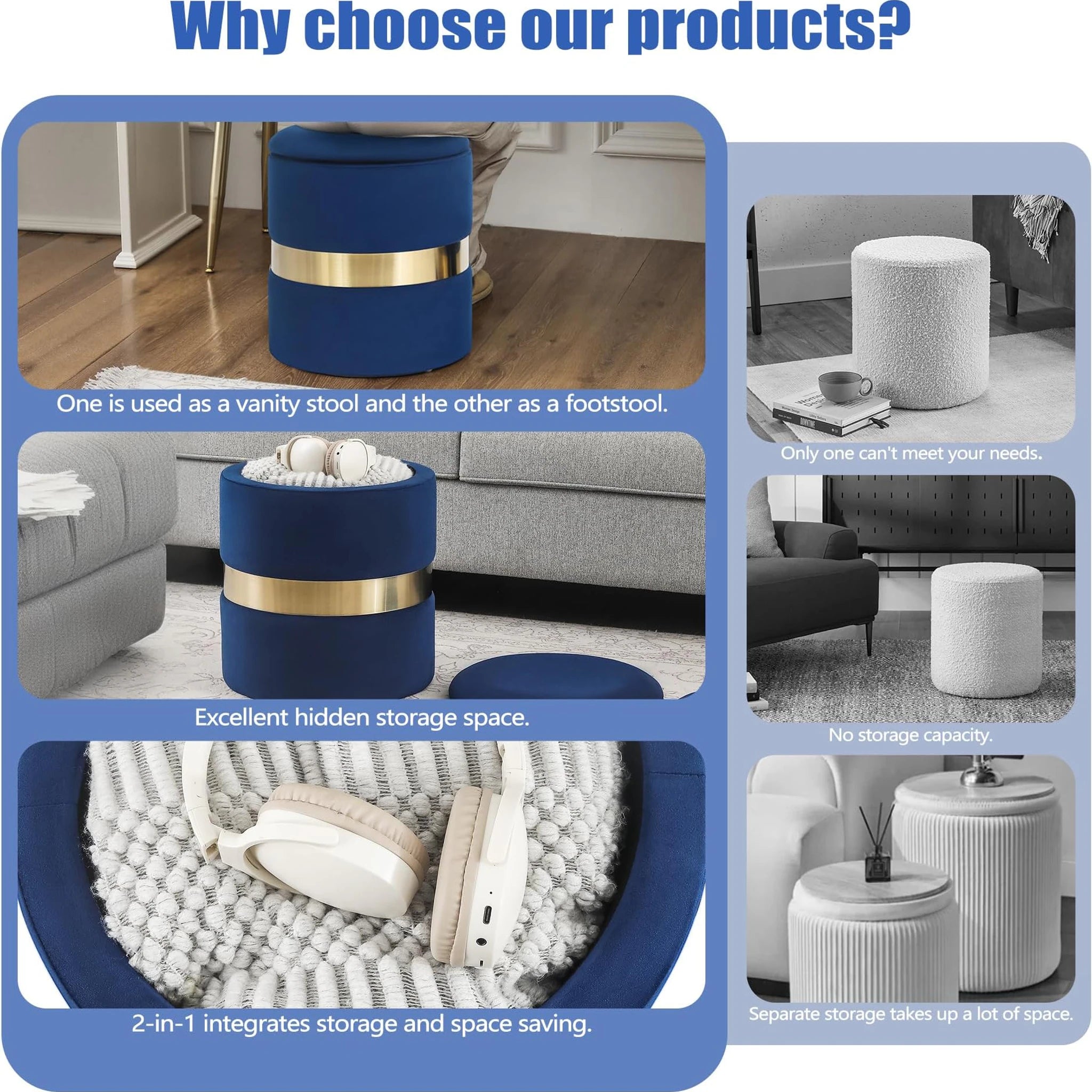 Joveco Blue Velvet Round Storage Ottoman – lifestyle room view