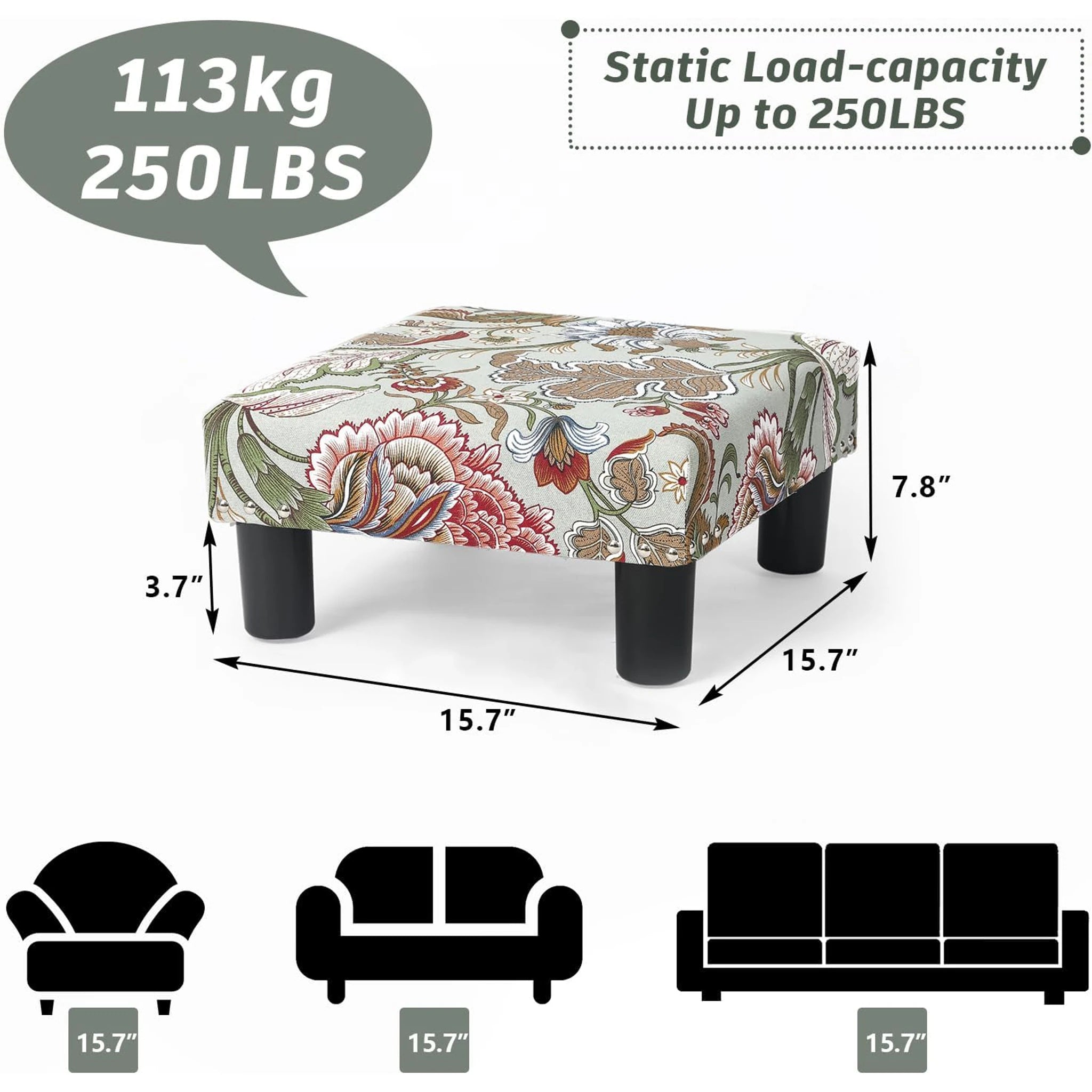 Joveco Boho Floral Metro Small Fabric Footrest Stool – dimensions chart