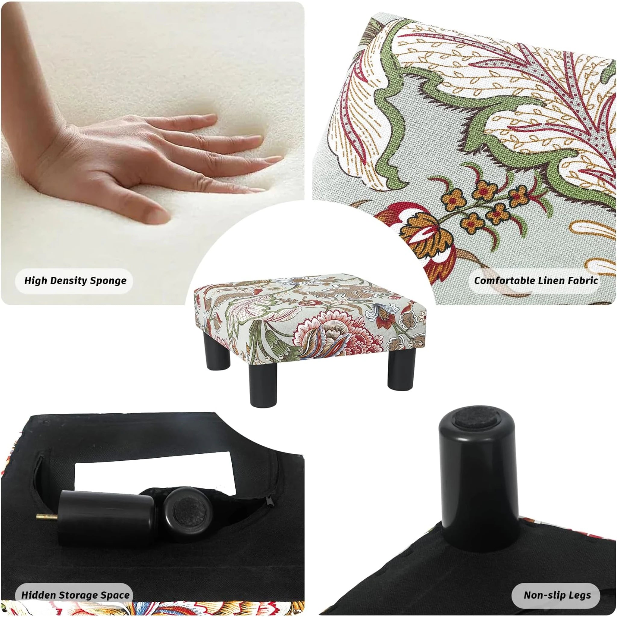 Joveco Boho Floral Metro Small Fabric Footrest Stool – detail and materials view