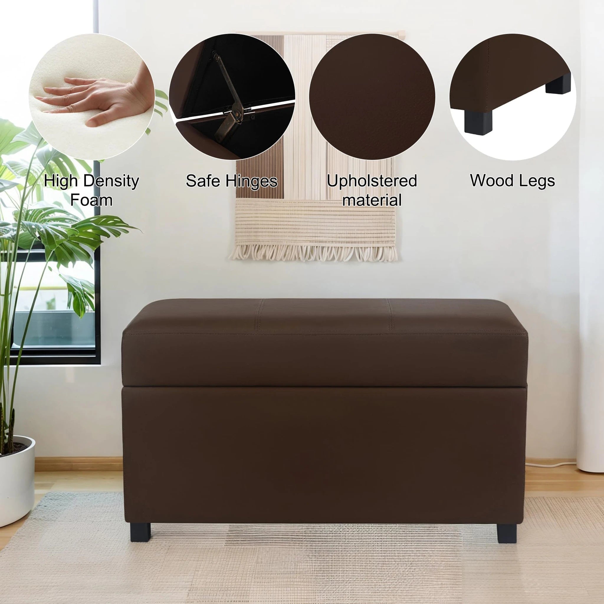 Joveco Brown, 32" Wide Faux Leather Storage Ottoman Bench – detail and materials view