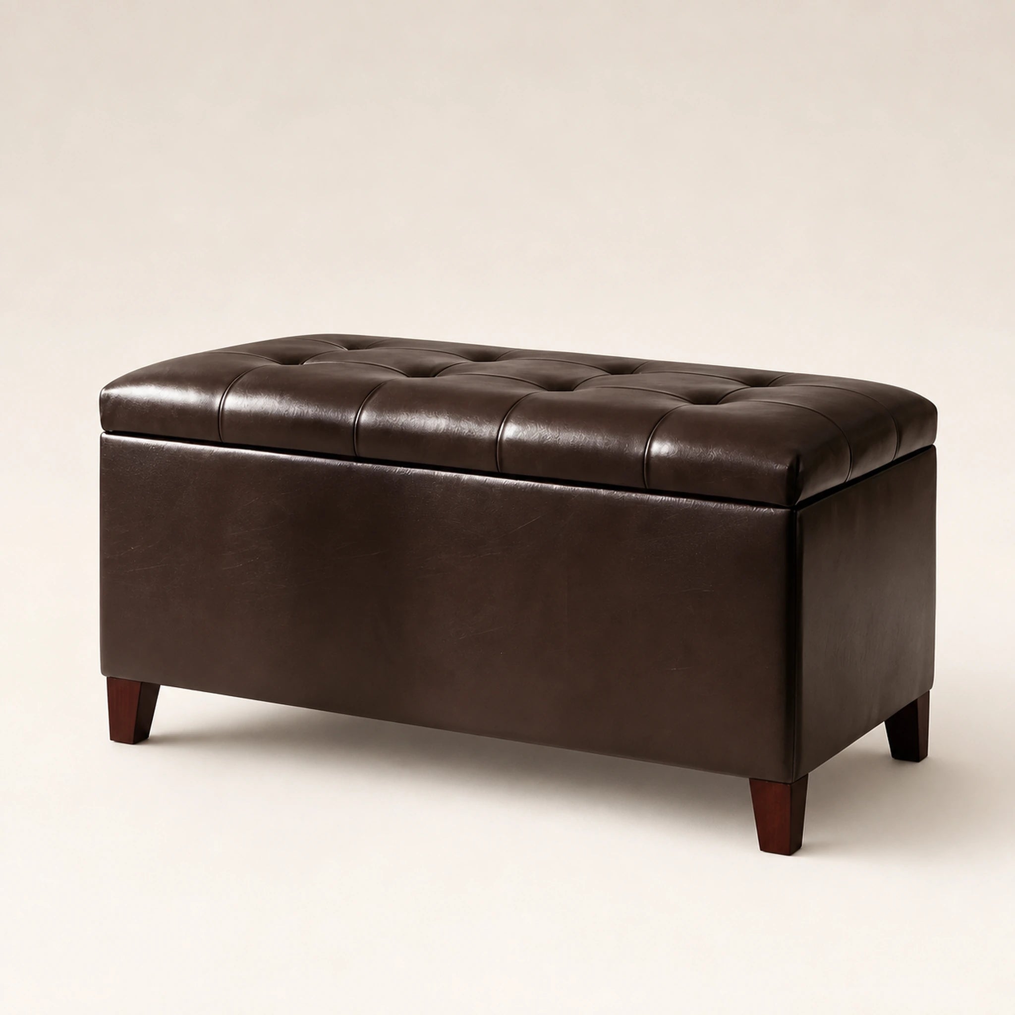 Beringia Brown faux leather 17.5-inch storage ottoman – warm studio front view