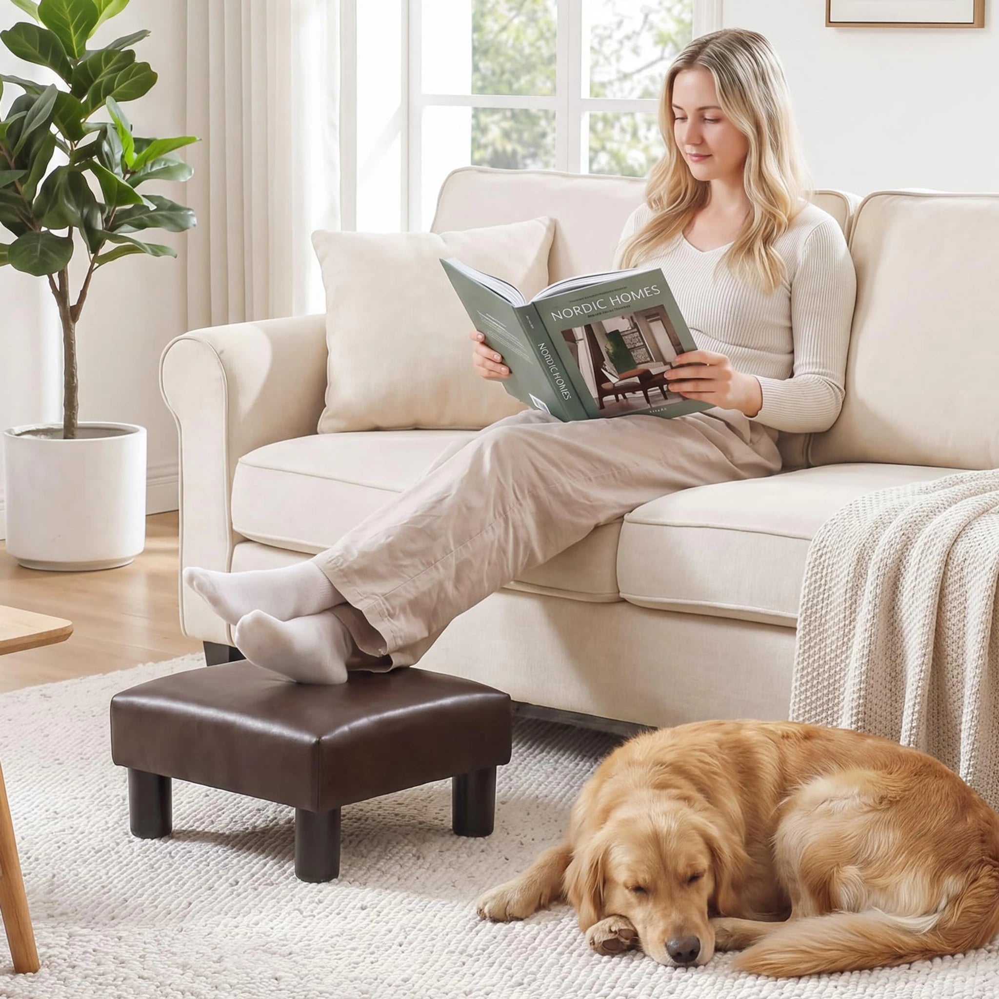 Joveco Brown Faux Leather Footrest Stool – lifestyle room view