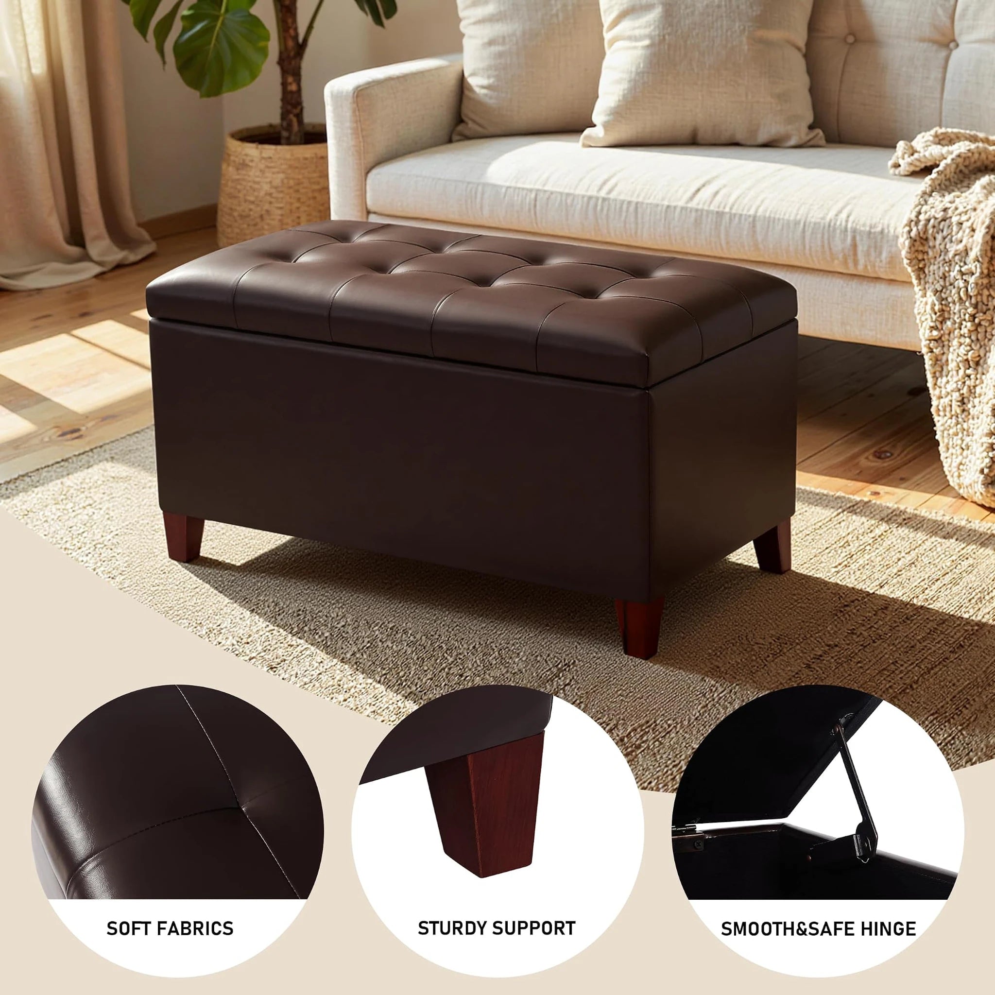 Joveco Brown Tufted Faux Leather Storage Ottoman – detail and materials view