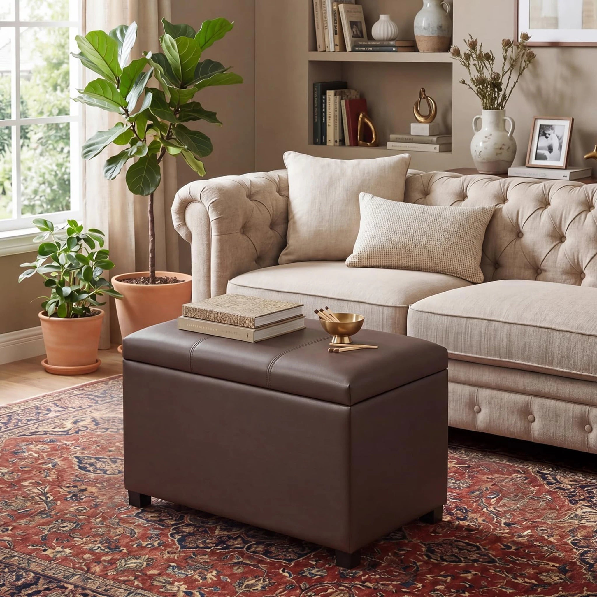 Joveco Brown Tufted Faux Leather Storage Ottoman – lifestyle room view
