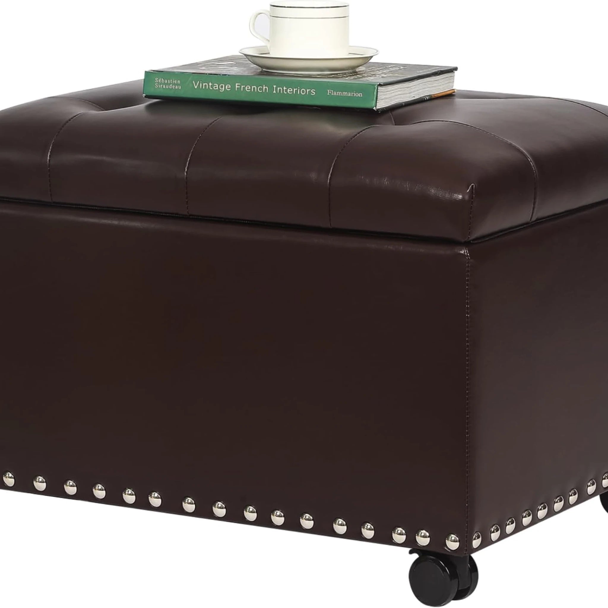 Joveco Brown With Casters Rolling Faux Leather Storage Ottoman – styled home scene