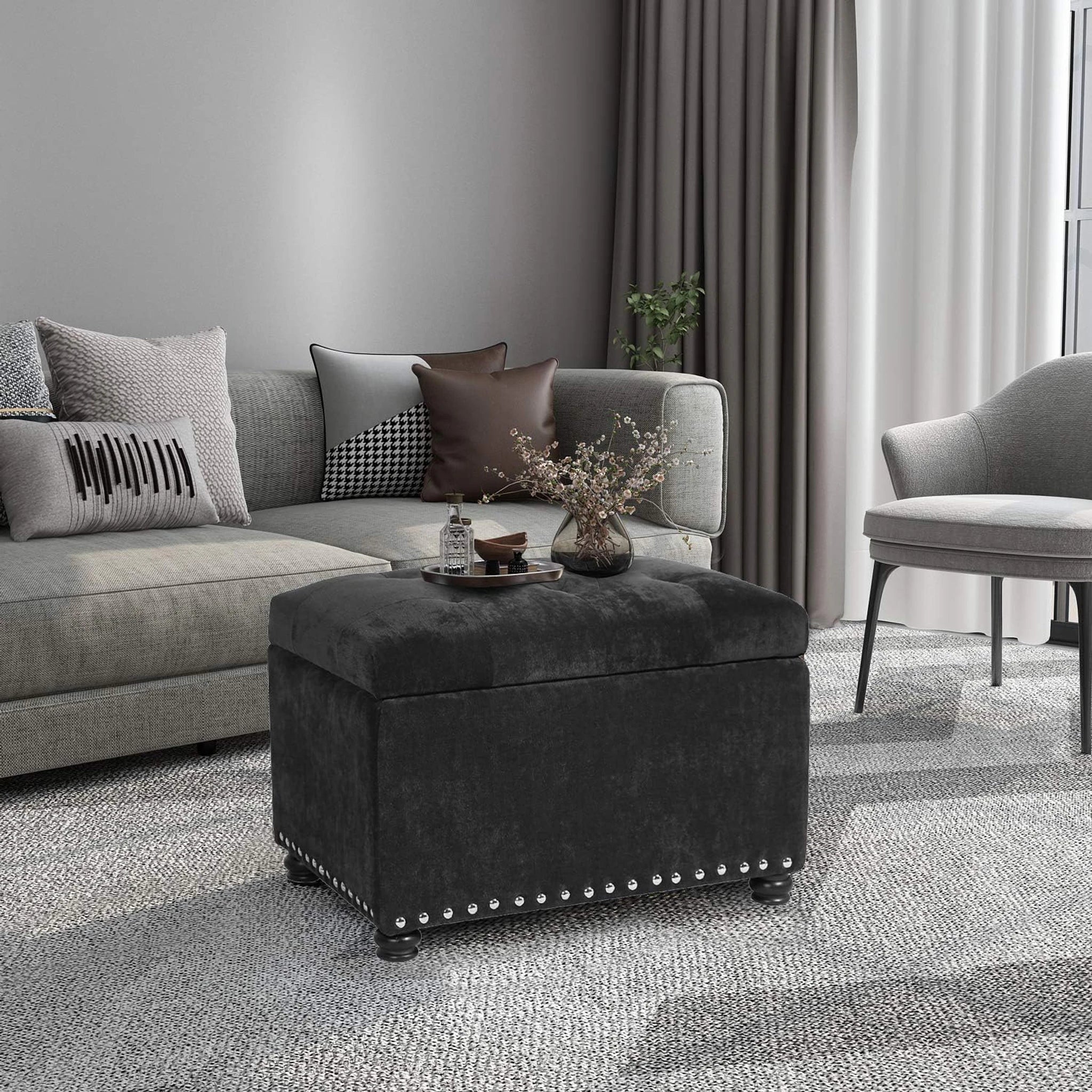 Joveco Charcoal Grey Velvet Storage Ottoman – lifestyle room view