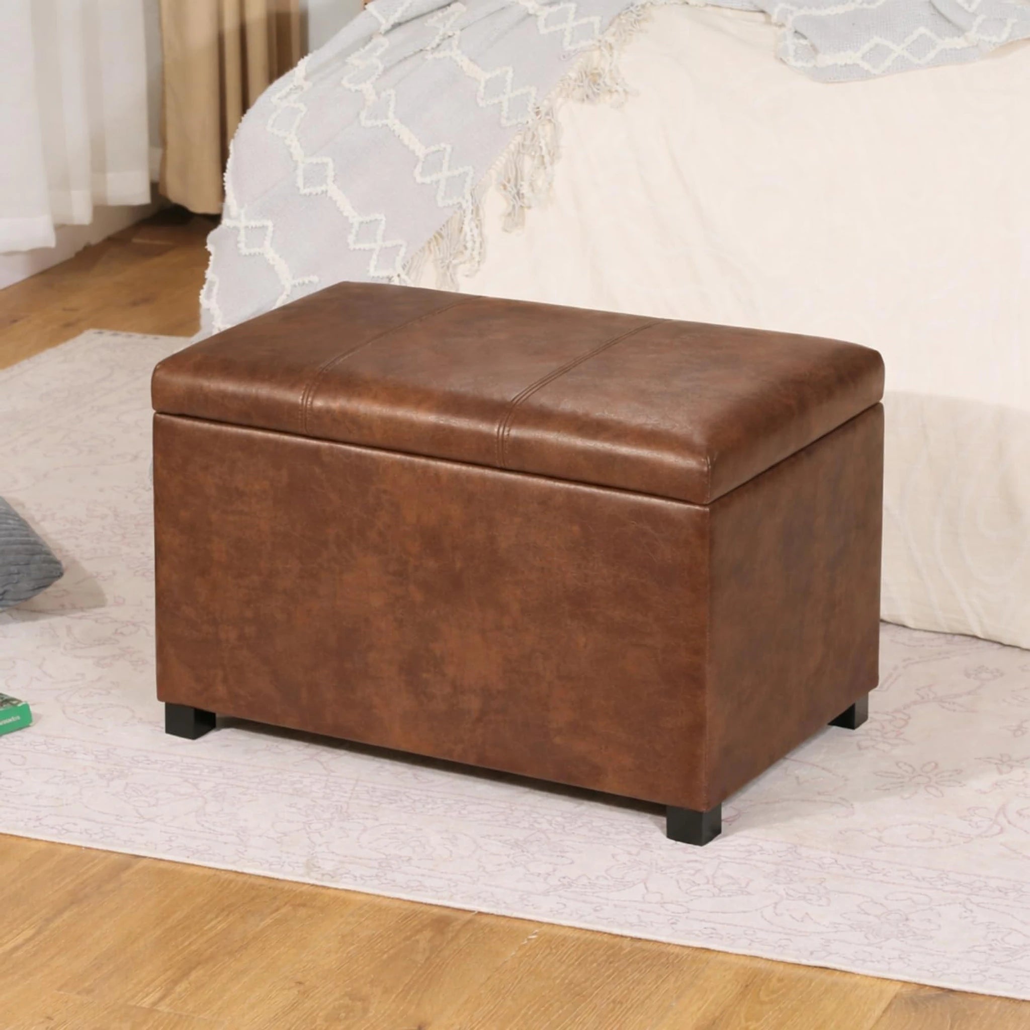 Joveco Coffee Brown Tufted Faux Leather Storage Ottoman – styled home scene