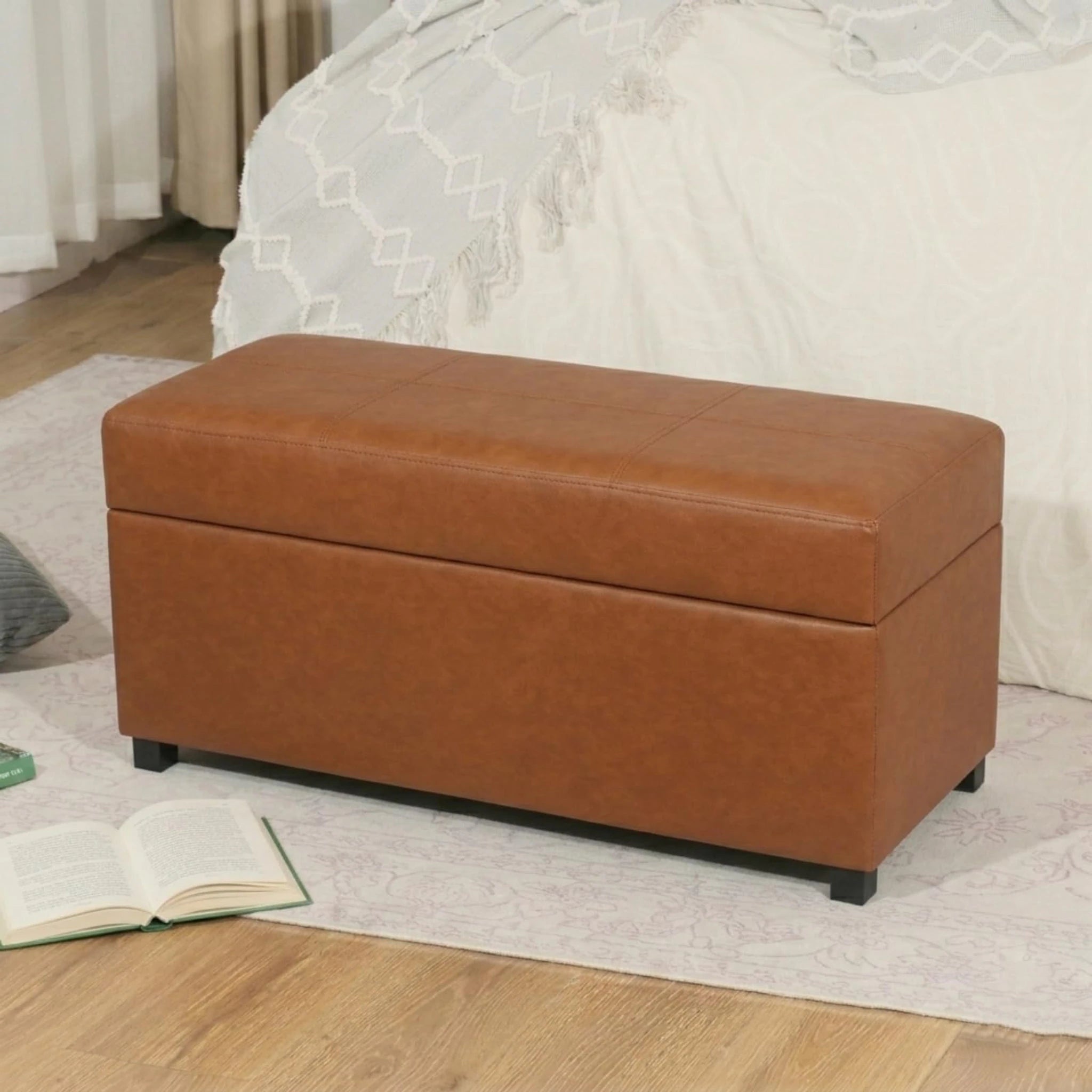 Joveco Cognac Brown, 32" Wide Faux Leather Storage Ottoman Bench – styled home scene