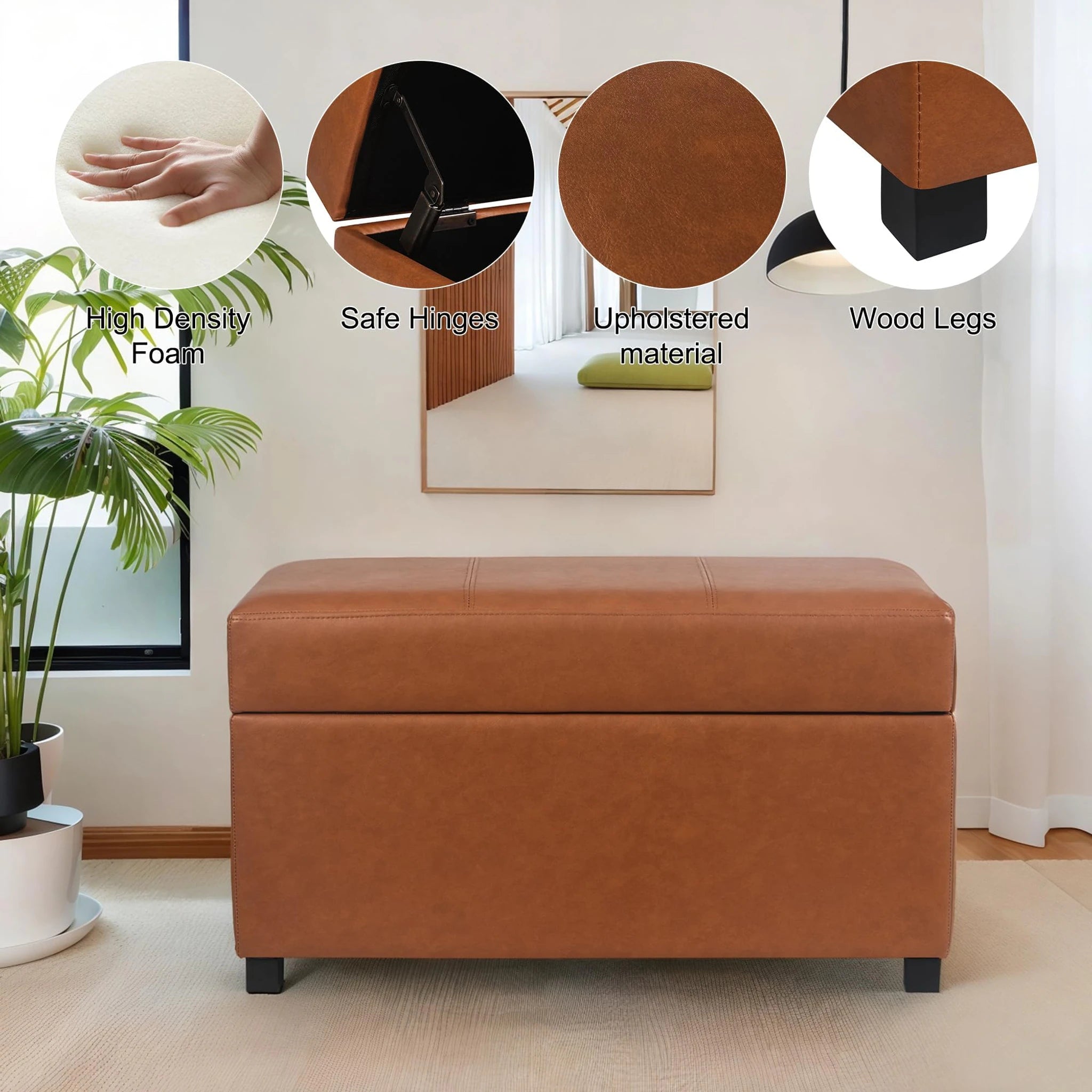 Joveco Cognac Brown, 32" Wide Faux Leather Storage Ottoman Bench – detail and materials view