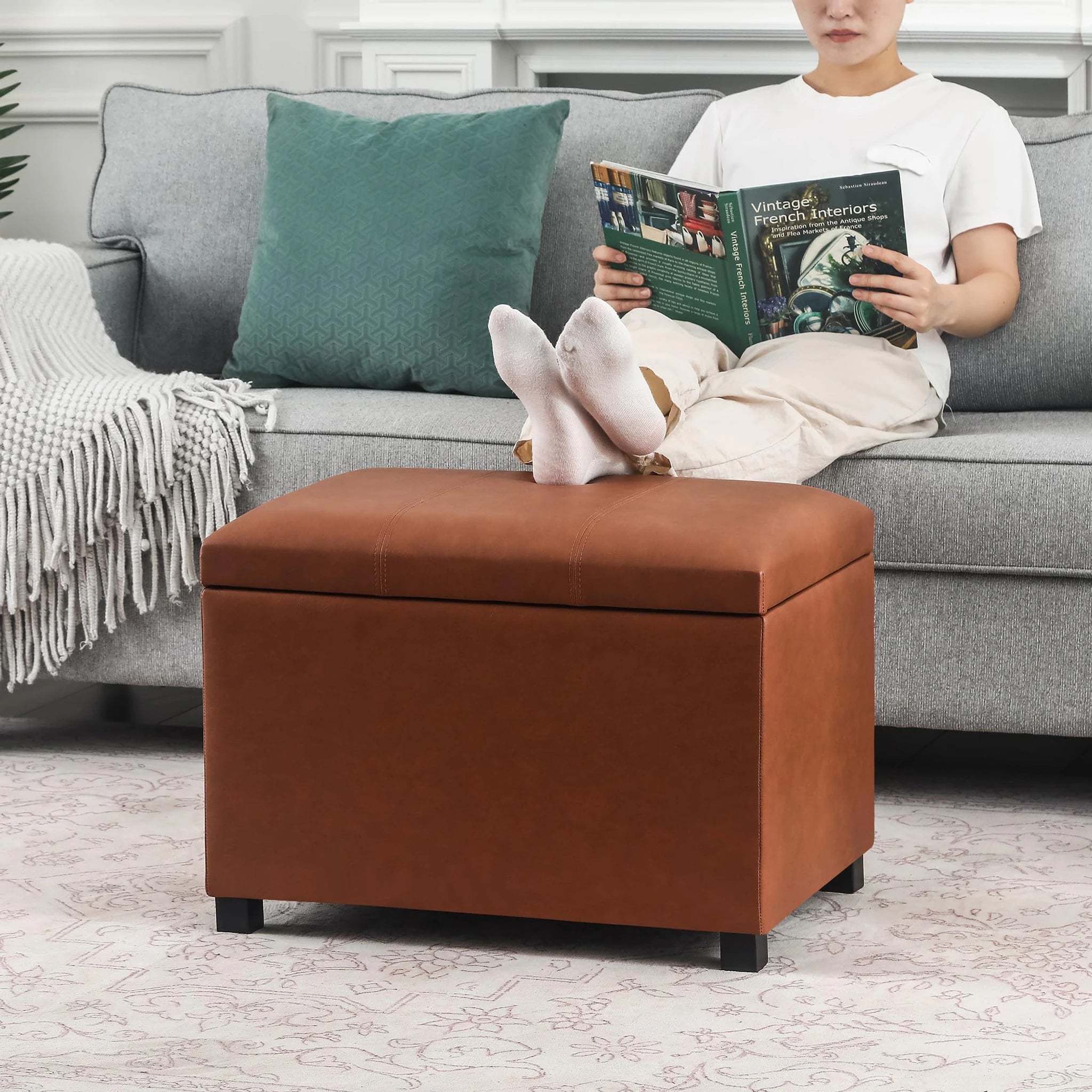 Joveco Cognac Brown Tufted Faux Leather Storage Ottoman – detail and materials view