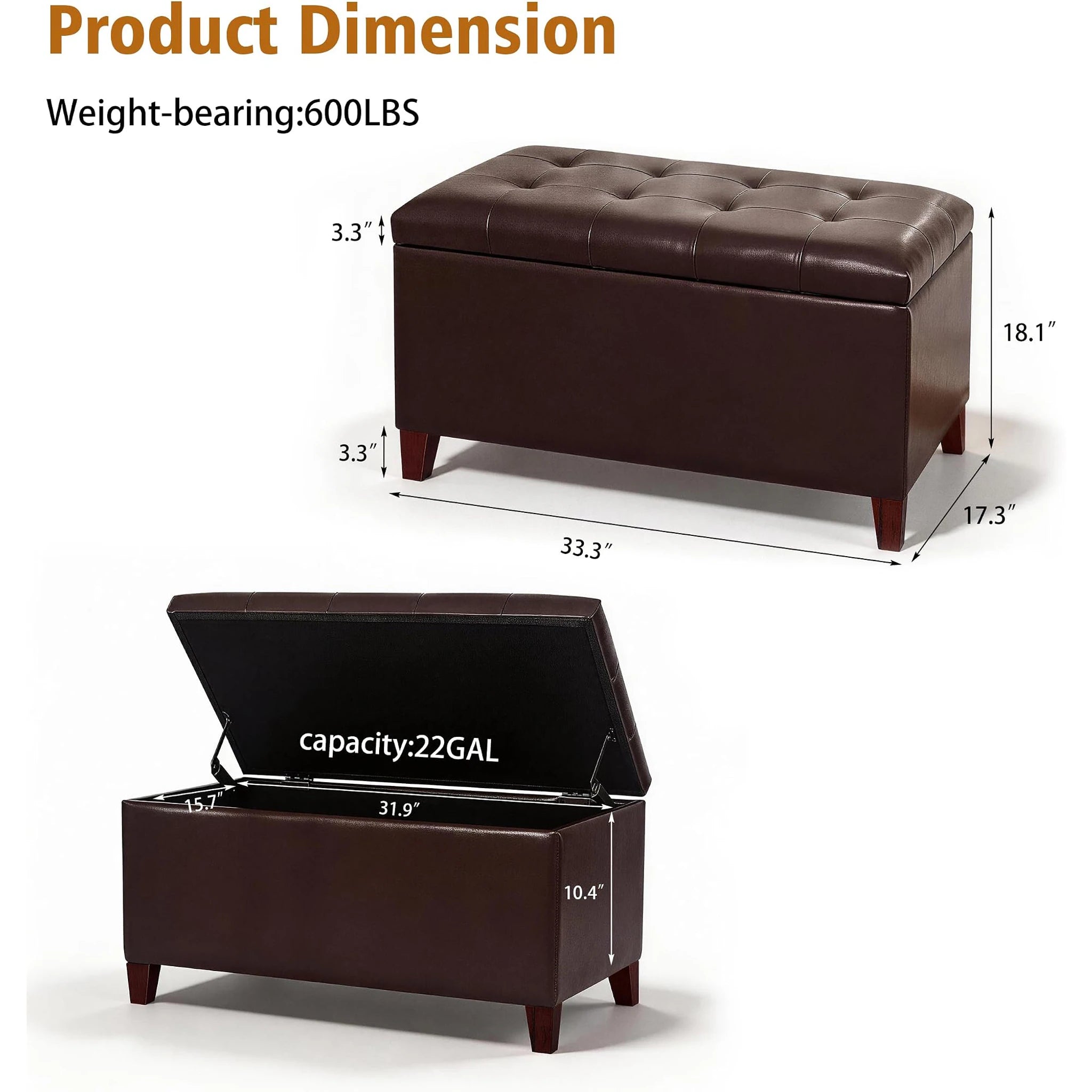 Joveco Creamy Caramel Tufted Faux Leather Storage Ottoman – dimensions chart