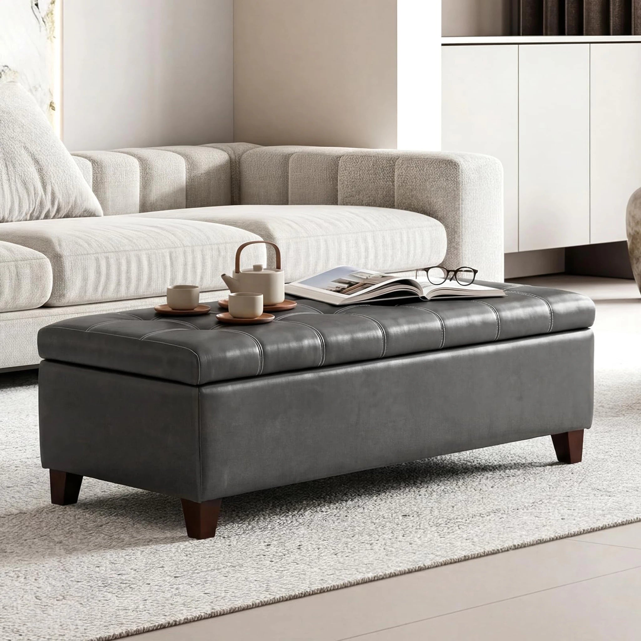 Joveco Dark Gray Tufted Faux Leather Storage Ottoman Bench – styled home scene