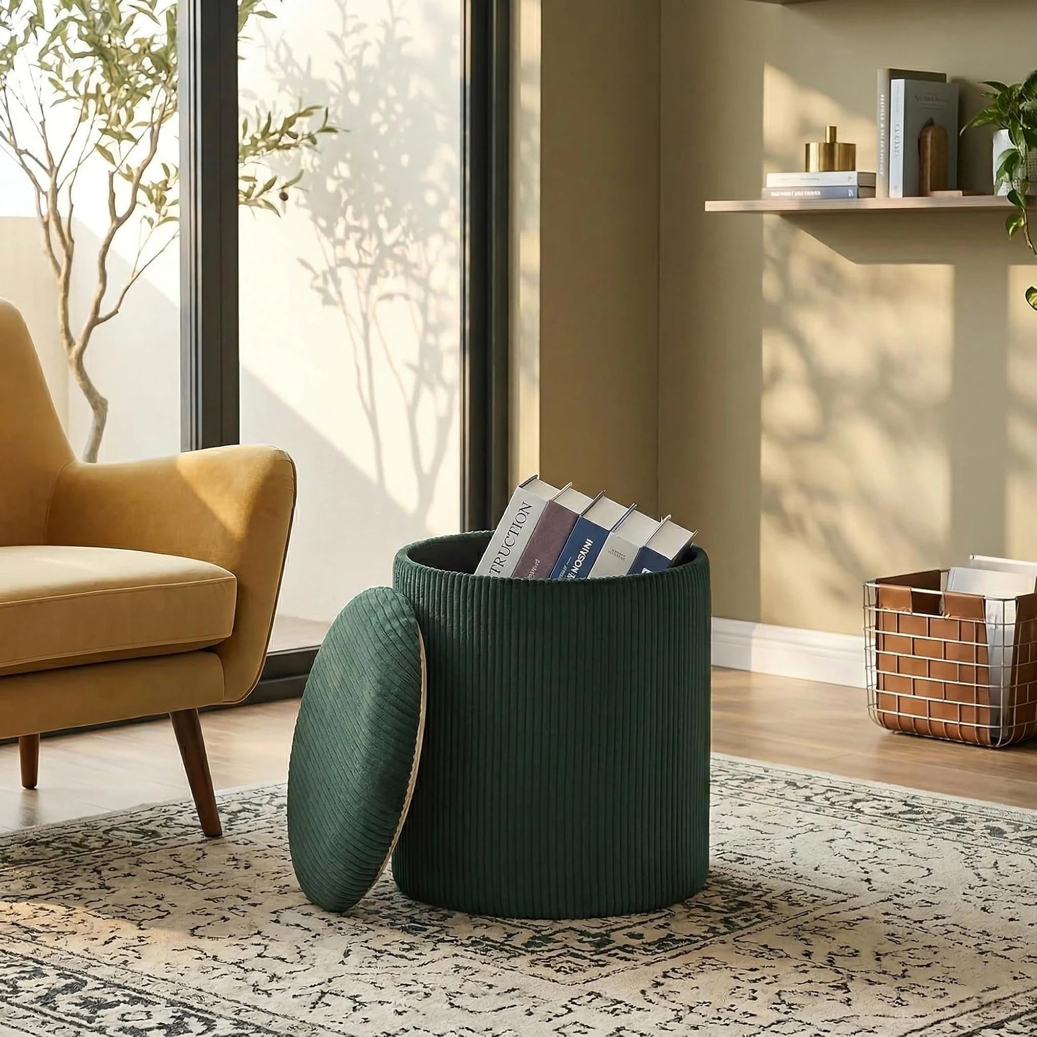 Joveco Dark Green Upgrade Taray Lid Tray-Top Lift-Top Corduroy Round Storage Ottoman – styled home scene