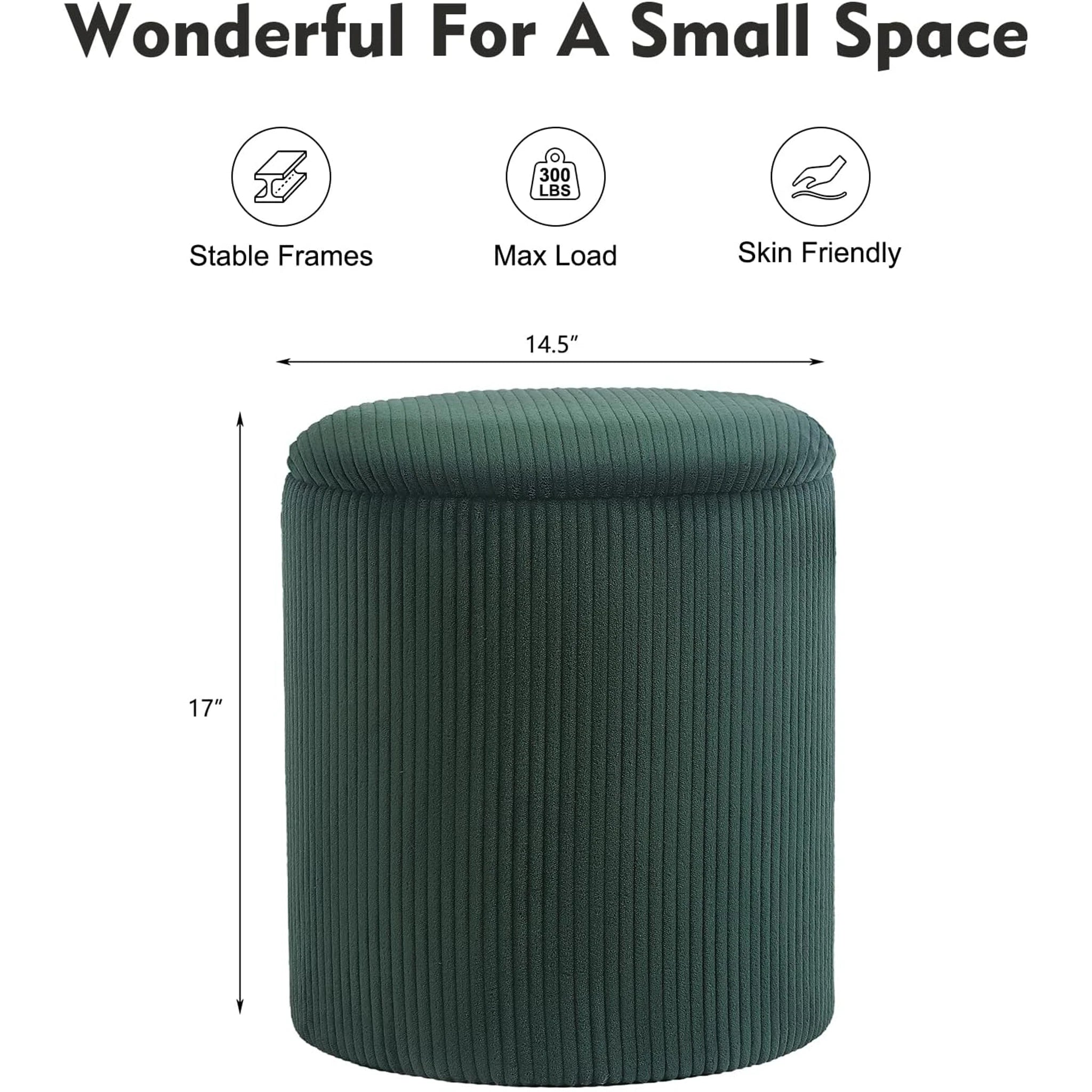Joveco Dark Green Upgrade Taray Lid Tray-Top Lift-Top Corduroy Round Storage Ottoman – dimensions chart