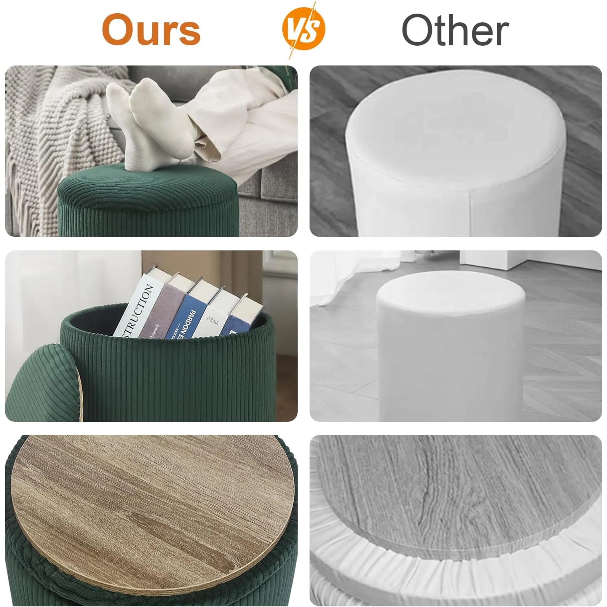 Joveco Dark Green Upgrade Taray Lid Tray-Top Lift-Top Corduroy Round Storage Ottoman – detail and materials view