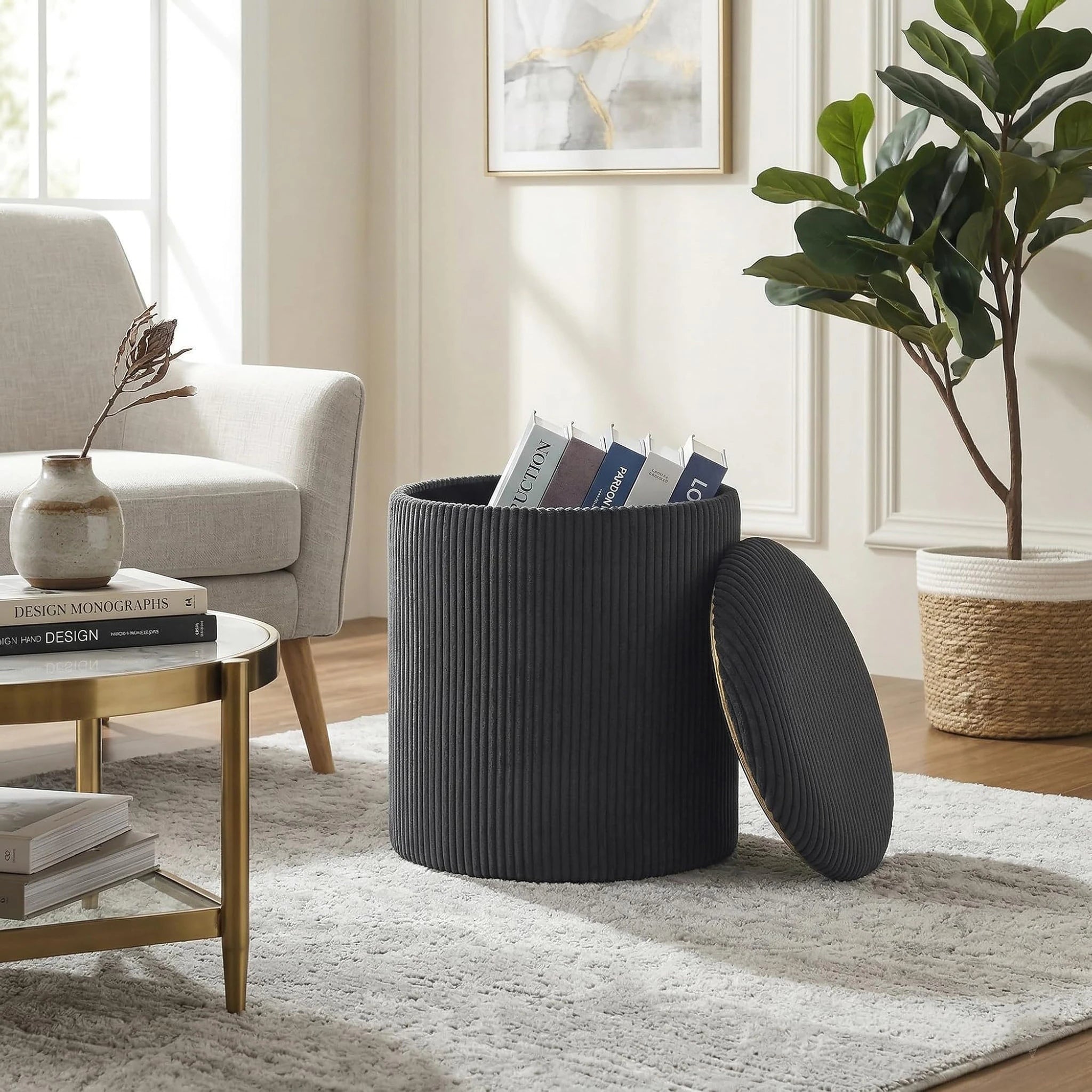 Joveco Dark Grey Upgrade Taray Lid Tray-Top Lift-Top Corduroy Round Storage Ottoman – styled home scene