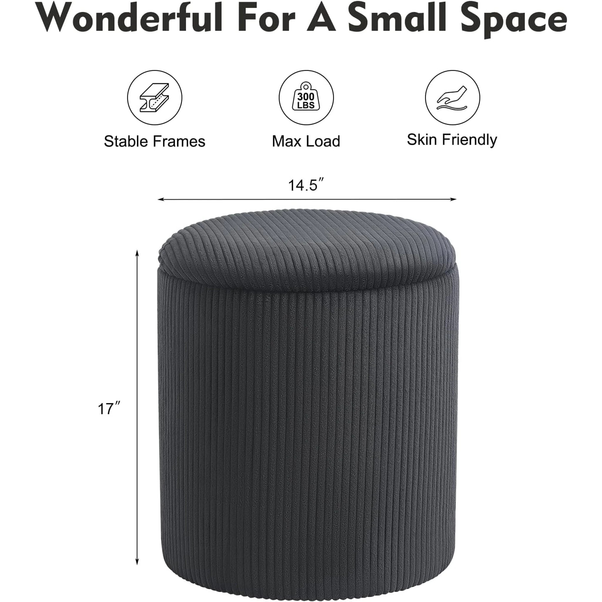 Joveco Dark Grey Upgrade Taray Lid Tray-Top Lift-Top Corduroy Round Storage Ottoman – dimensions chart