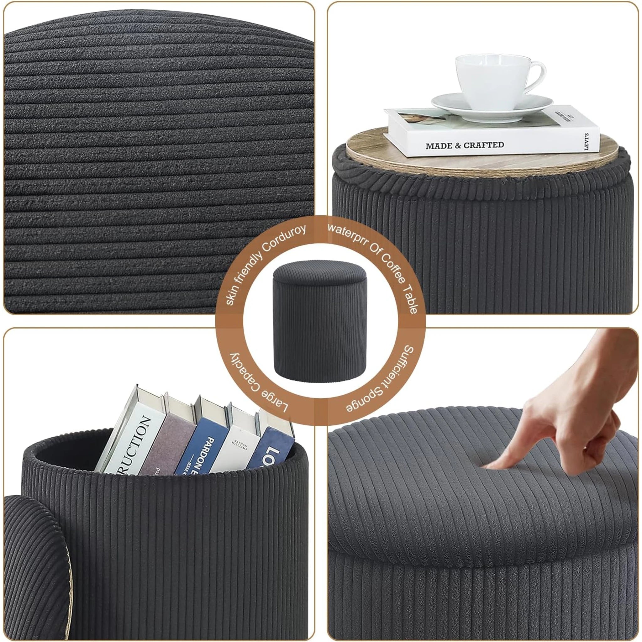Joveco Dark Grey Upgrade Taray Lid Tray-Top Lift-Top Corduroy Round Storage Ottoman – detail and materials view