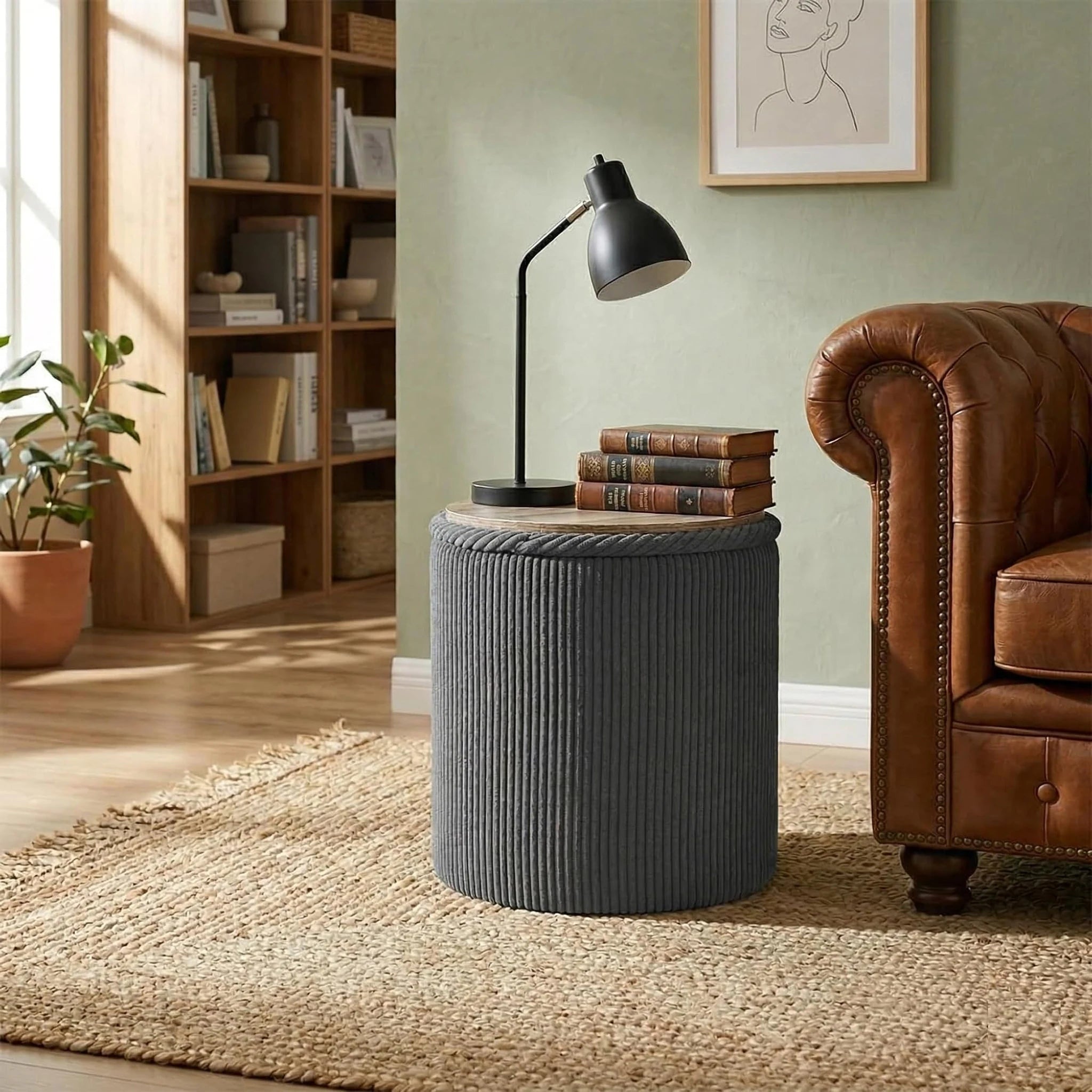 Joveco Dark Grey Upgrade Taray Lid Tray-Top Lift-Top Corduroy Round Storage Ottoman – lifestyle room view