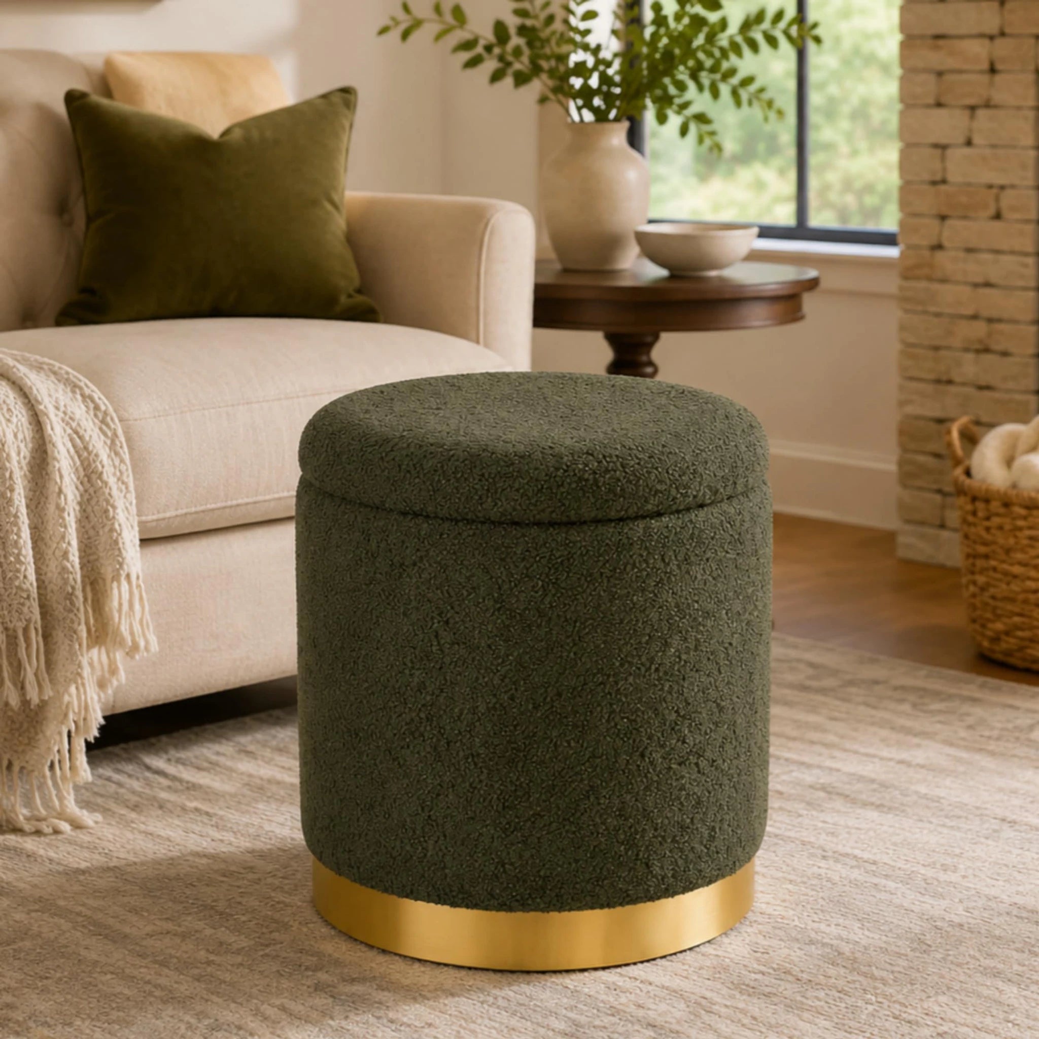 Joveco Dark Moss Green Metro Round Boucle Storage Ottoman – styled home scene