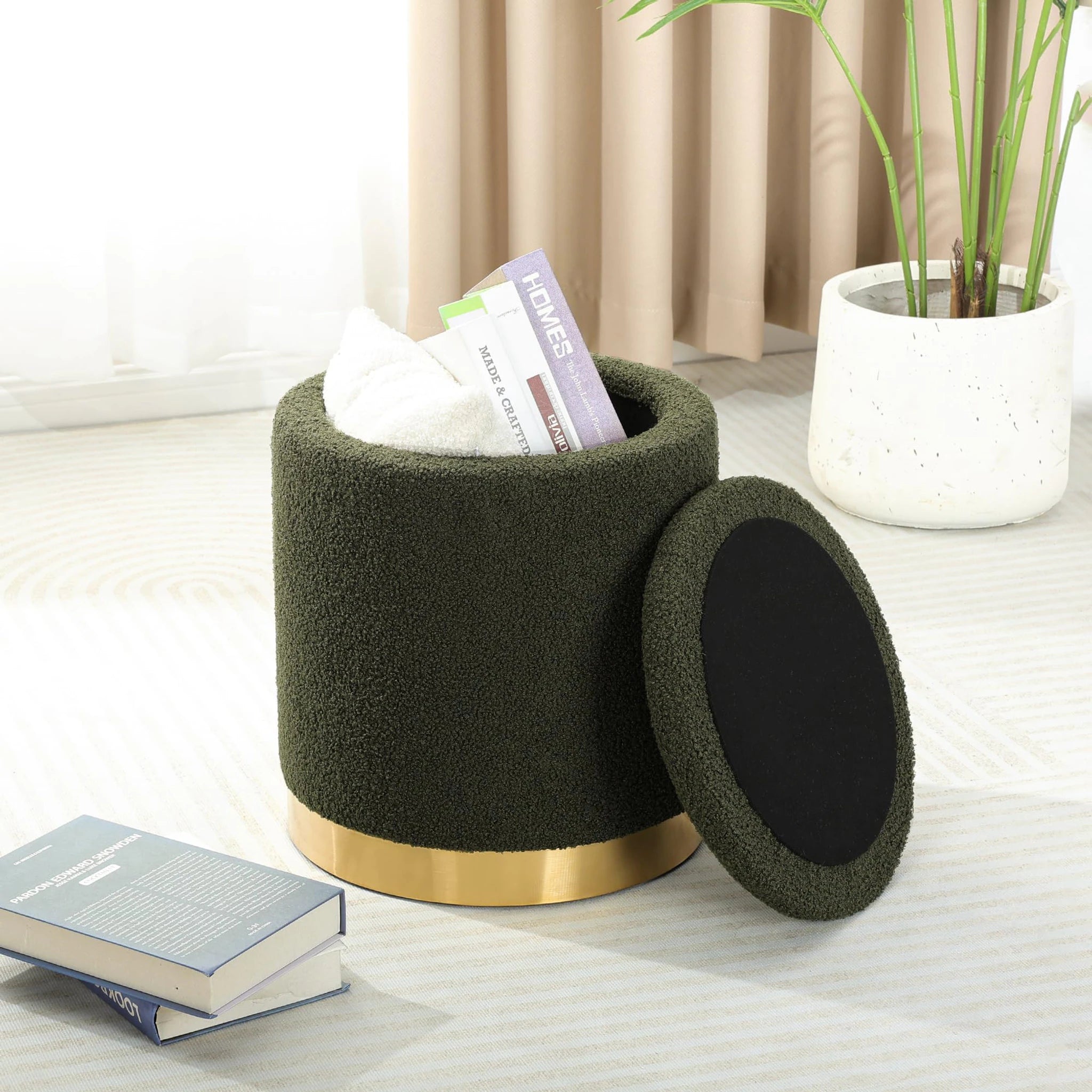 Joveco Dark Moss Green Metro Round Boucle Storage Ottoman – dimensions chart