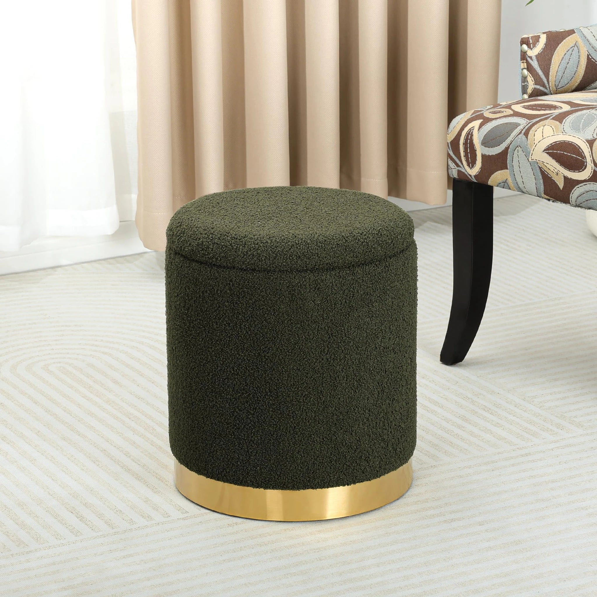 Joveco Dark Moss Green Metro Round Boucle Storage Ottoman – detail and materials view